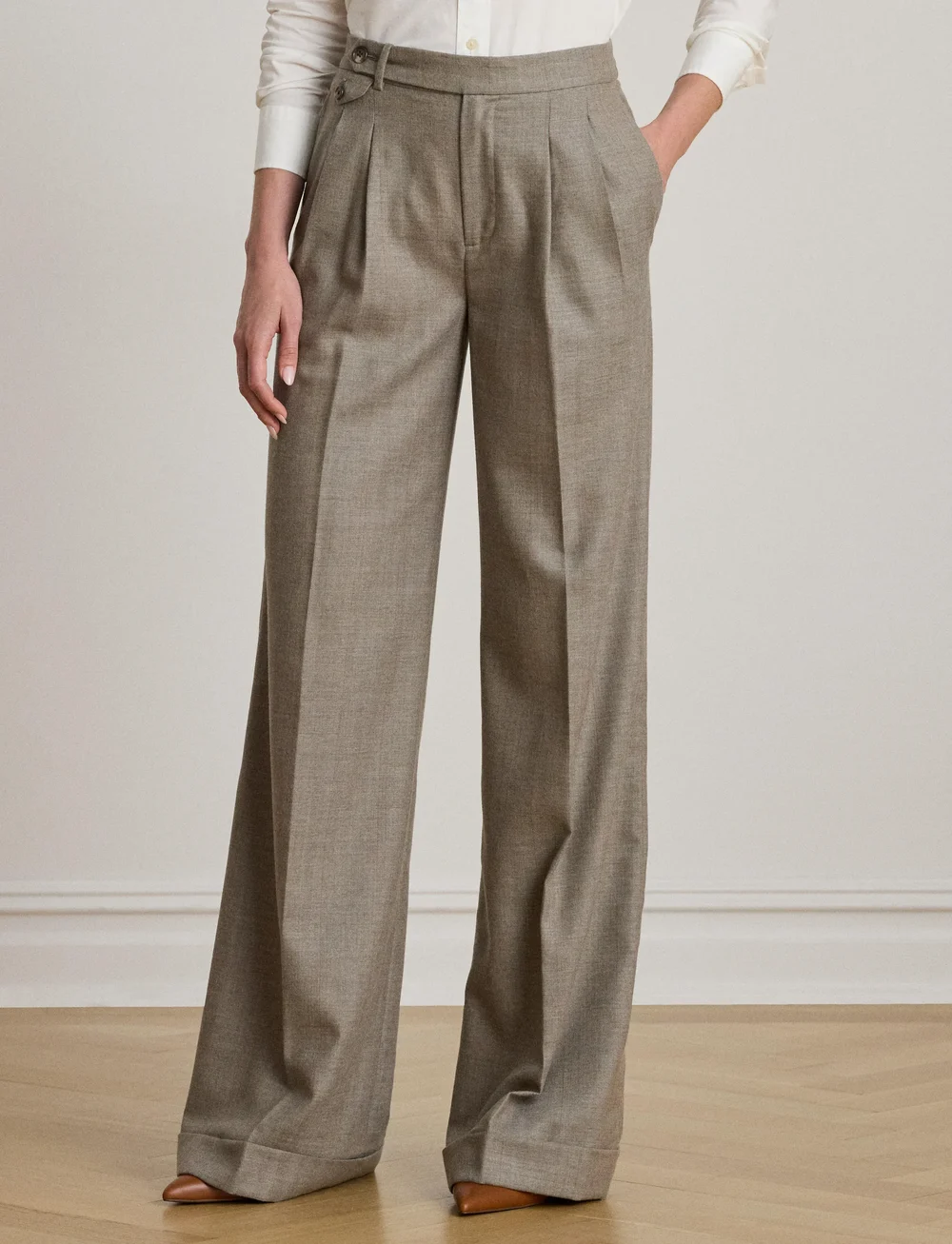 Lauren Ralph Lauren - Pleated Wool Herringbone Wide-Leg Pant - kostymbyxor - taupe/grey multi - 0