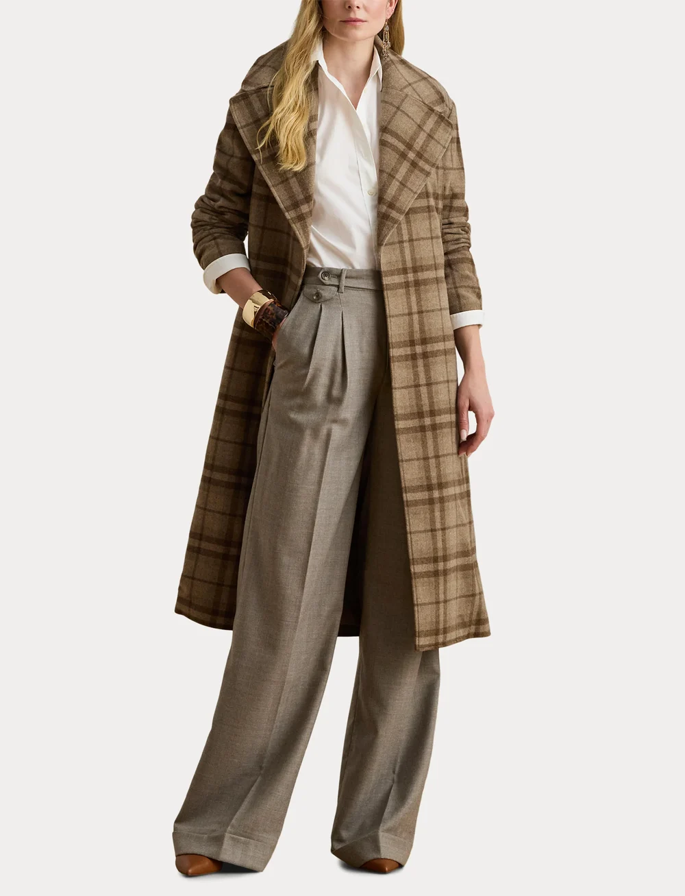 Lauren Ralph Lauren - Pleated Wool Herringbone Wide-Leg Pant - kostymbyxor - taupe/grey multi - 4