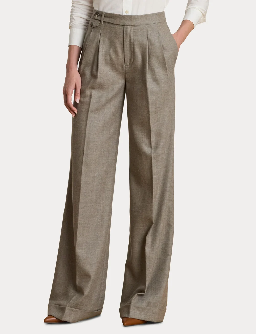Lauren Ralph Lauren - Pleated Wool Herringbone Wide-Leg Pant - kostymbyxor - taupe/grey multi - 5