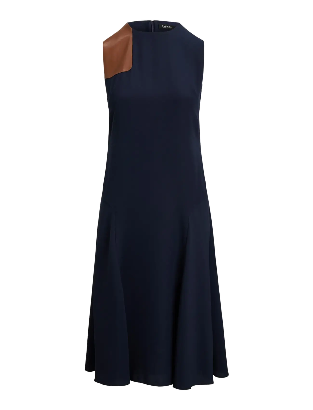 Faux-Leather-Trim Georgette Dress - LAUREN NAVY/CUOIO