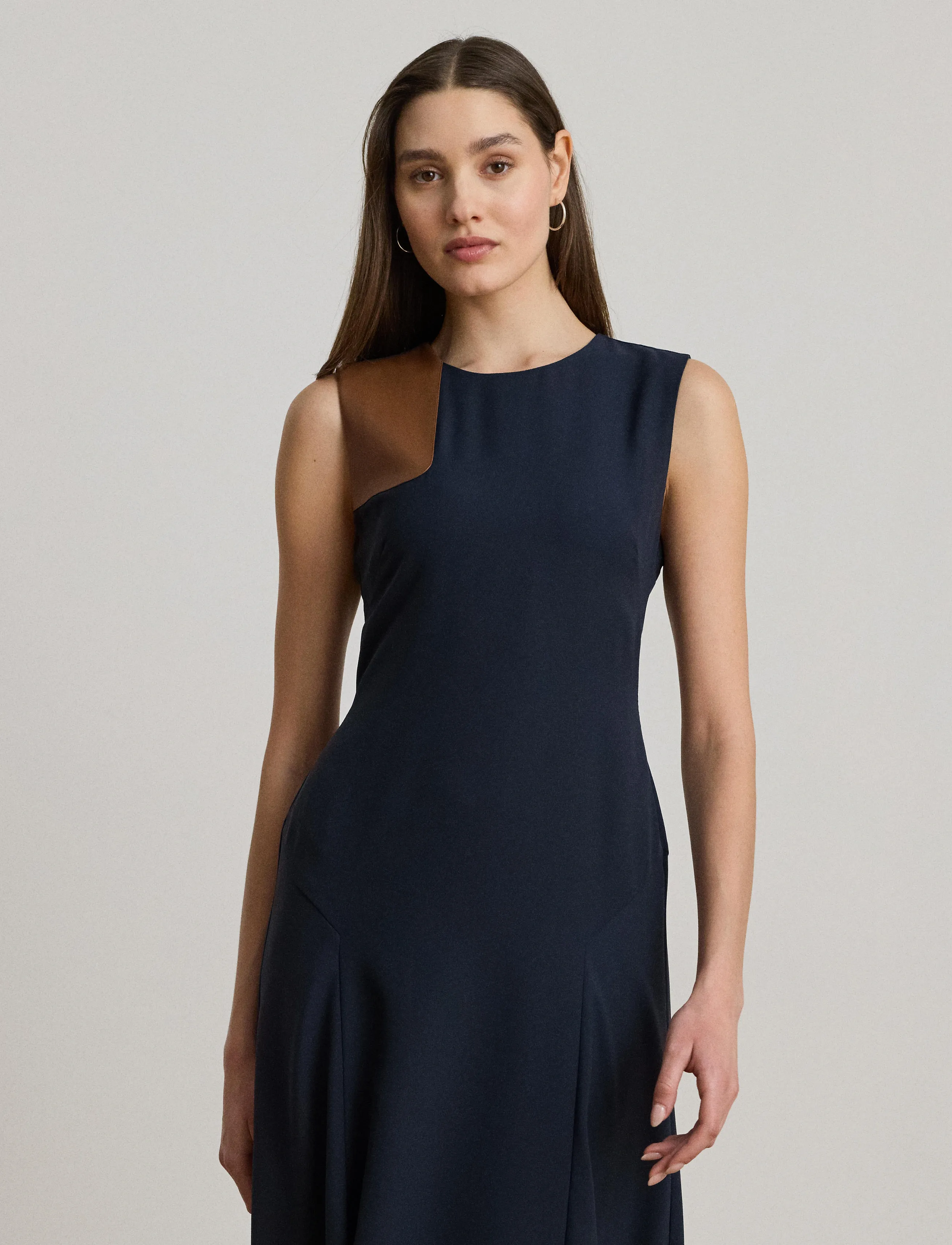 Lauren Ralph Lauren Faux-Leather-Trim Georgette Dress, 38, Navy, Designere > Knælange Og Midi, Dame
