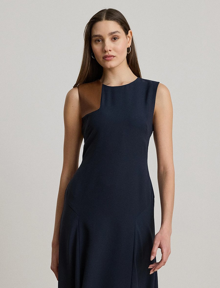 Lauren Ralph Lauren - Faux-Leather-Trim Georgette Dress - robes midi - lauren navy/cuoio - 0