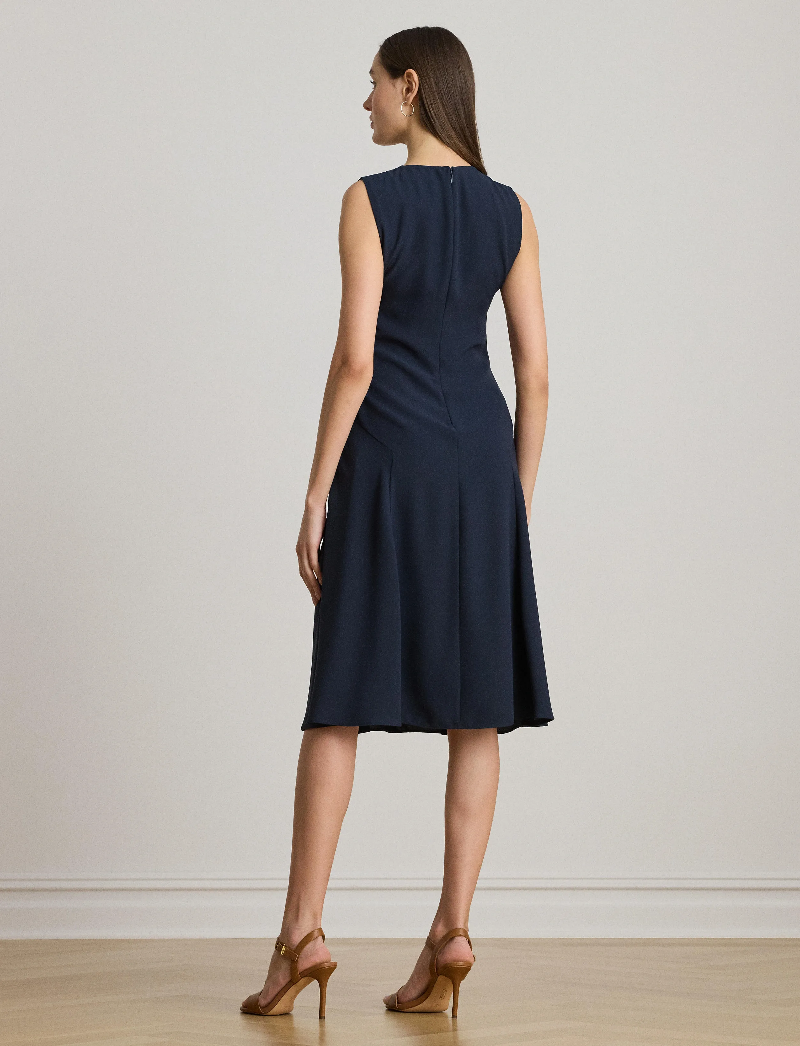 Lauren Ralph Lauren - Faux-Leather-Trim Georgette Dress - robes midi - lauren navy/cuoio - 2