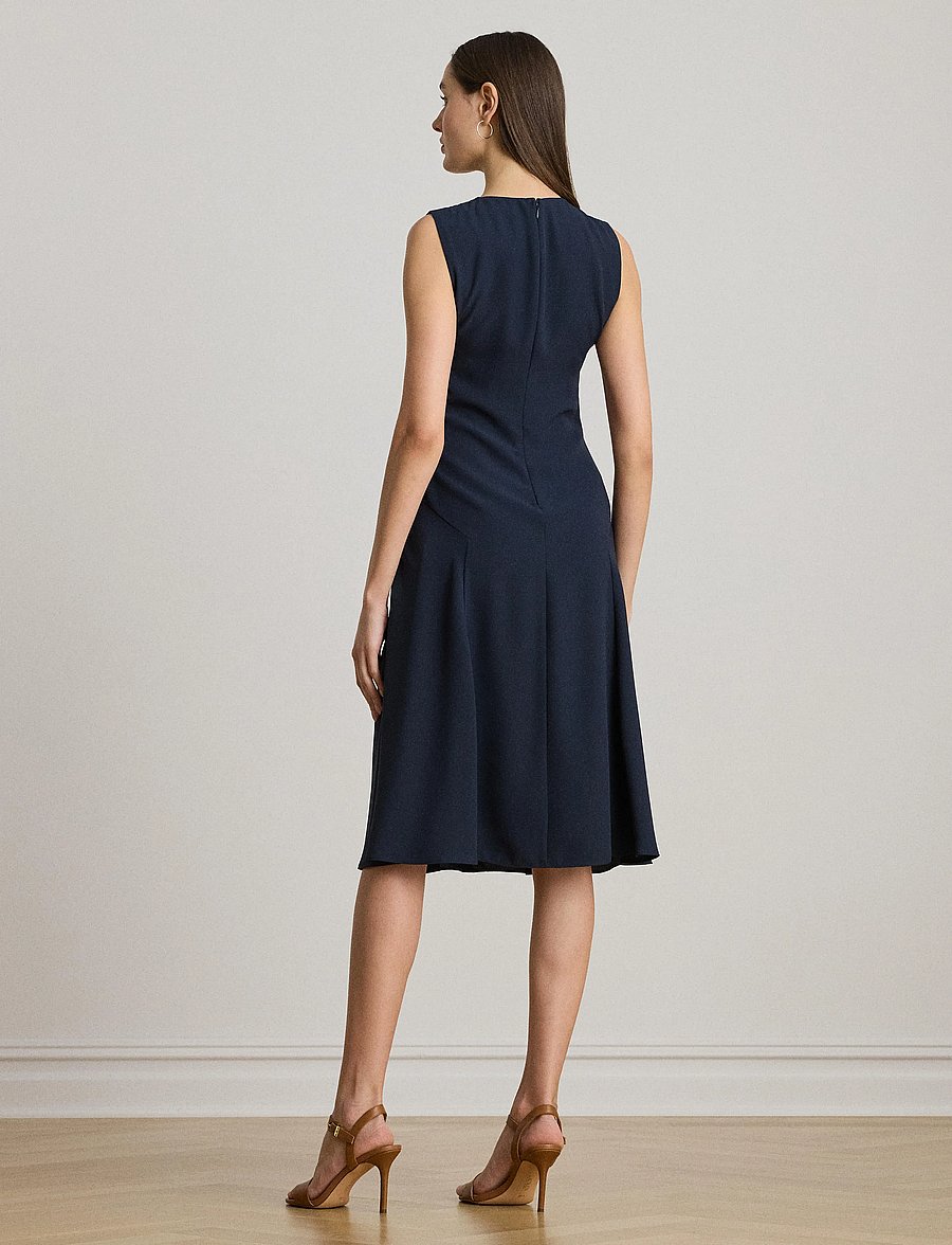 Lauren Ralph Lauren - Faux-Leather-Trim Georgette Dress - robes midi - lauren navy/cuoio - 2