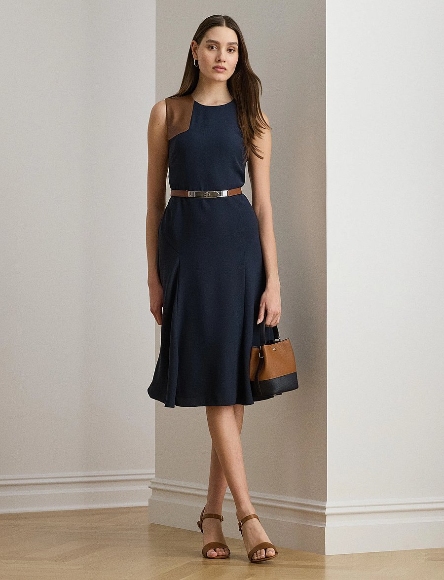 Lauren Ralph Lauren - Faux-Leather-Trim Georgette Dress - robes midi - lauren navy/cuoio - 3