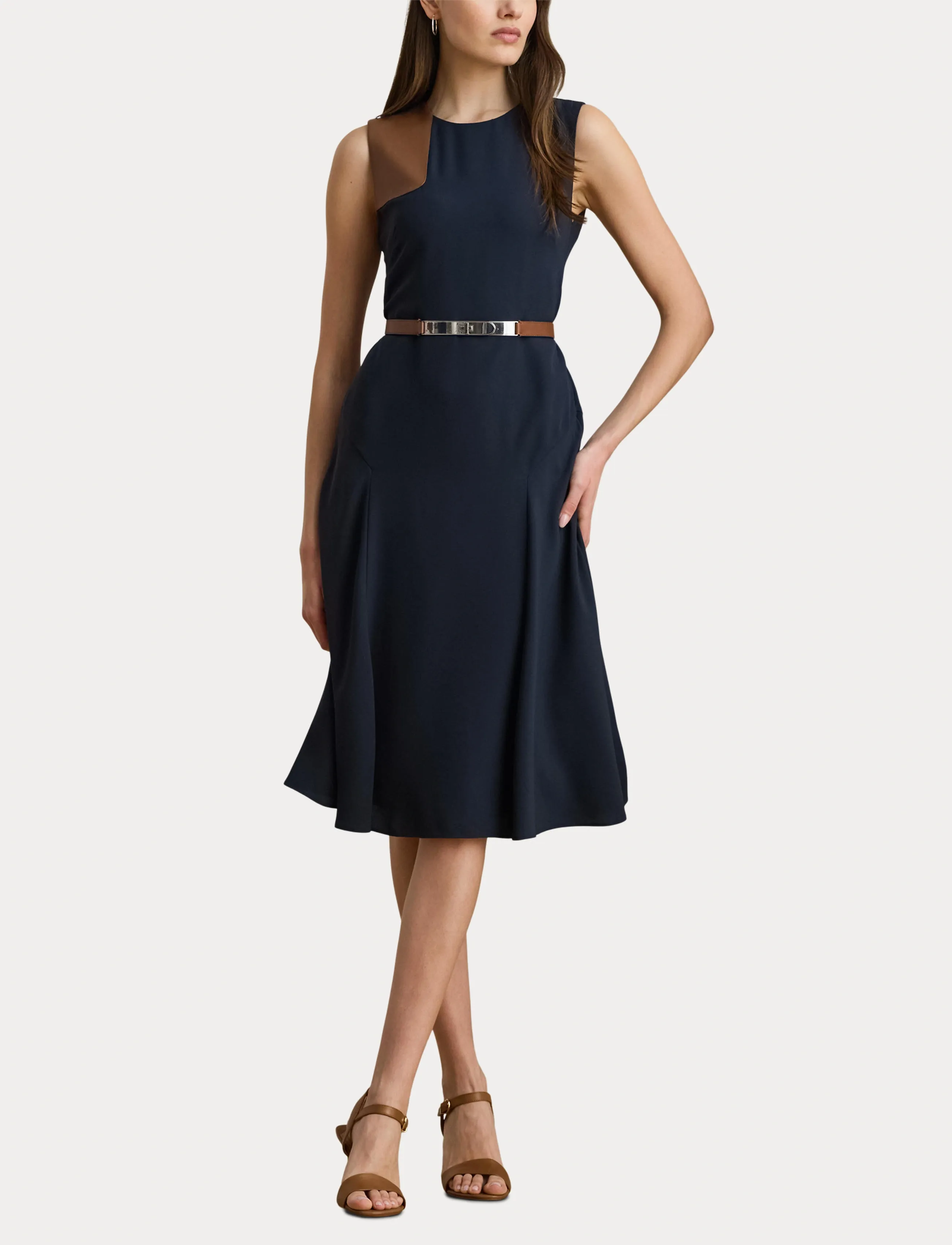 Lauren Ralph Lauren - Faux-Leather-Trim Georgette Dress - robes midi - lauren navy/cuoio - 4
