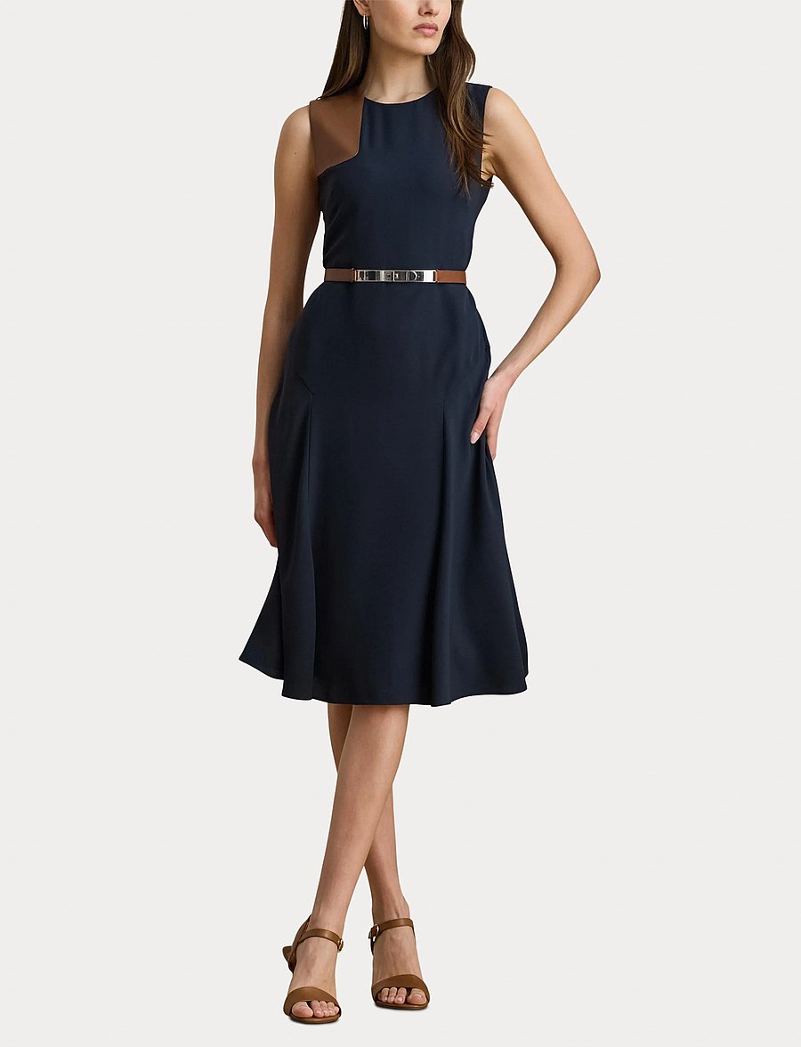 Lauren Ralph Lauren - Faux-Leather-Trim Georgette Dress - robes midi - lauren navy/cuoio - 4
