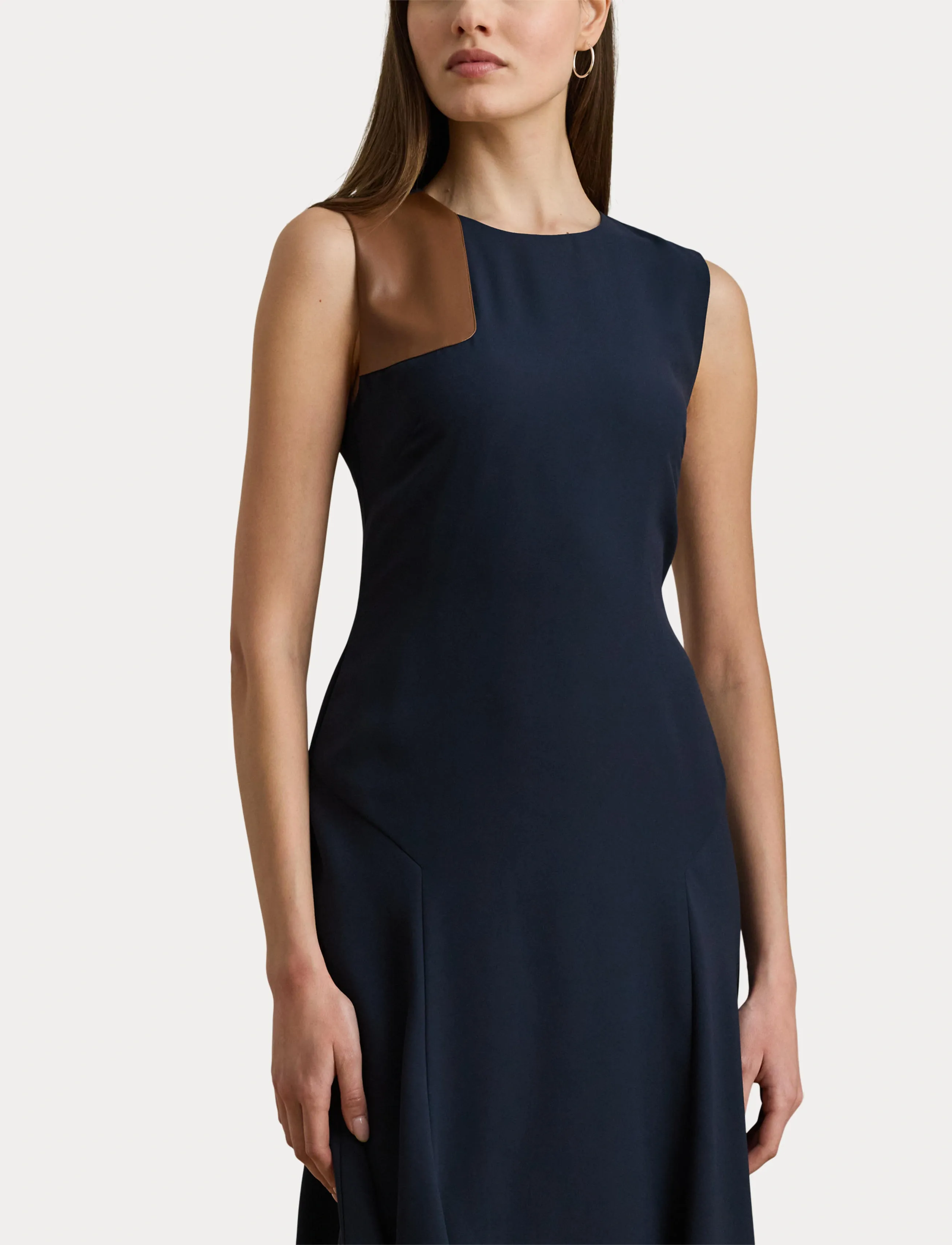 Lauren Ralph Lauren - Faux-Leather-Trim Georgette Dress - robes midi - lauren navy/cuoio - 5