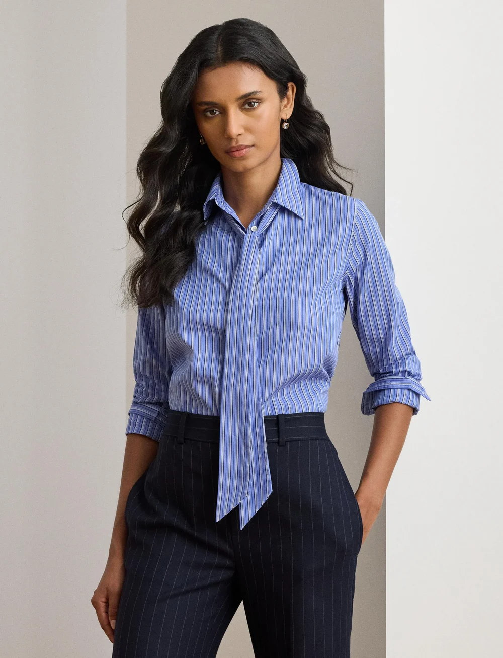 Lauren Ralph Lauren - Classic Fit Striped Tie-Neck Shirt - denim shirts - blue multi - 3