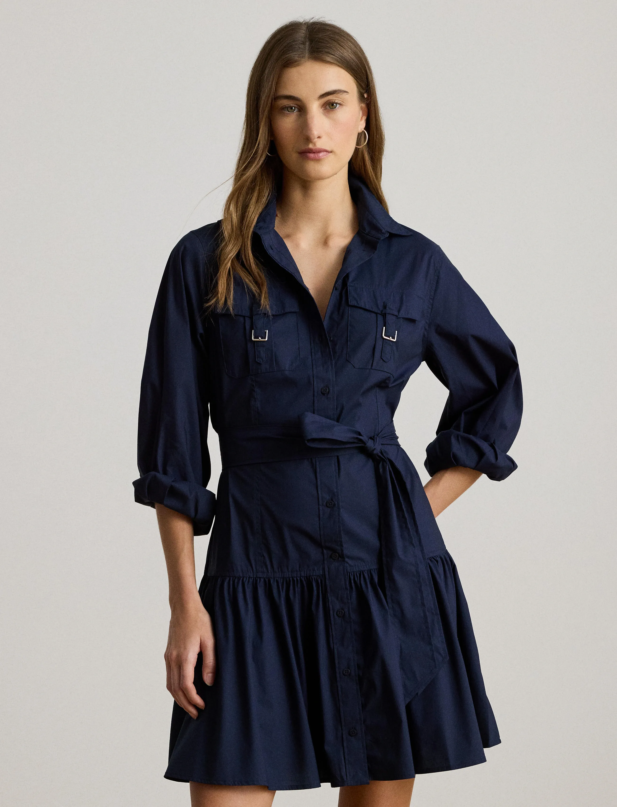 Lauren Ralph Buckle-Trim Cotton-Blend Shirtdress, 38, Dresses, Marineblau - Short Dress, Frauen