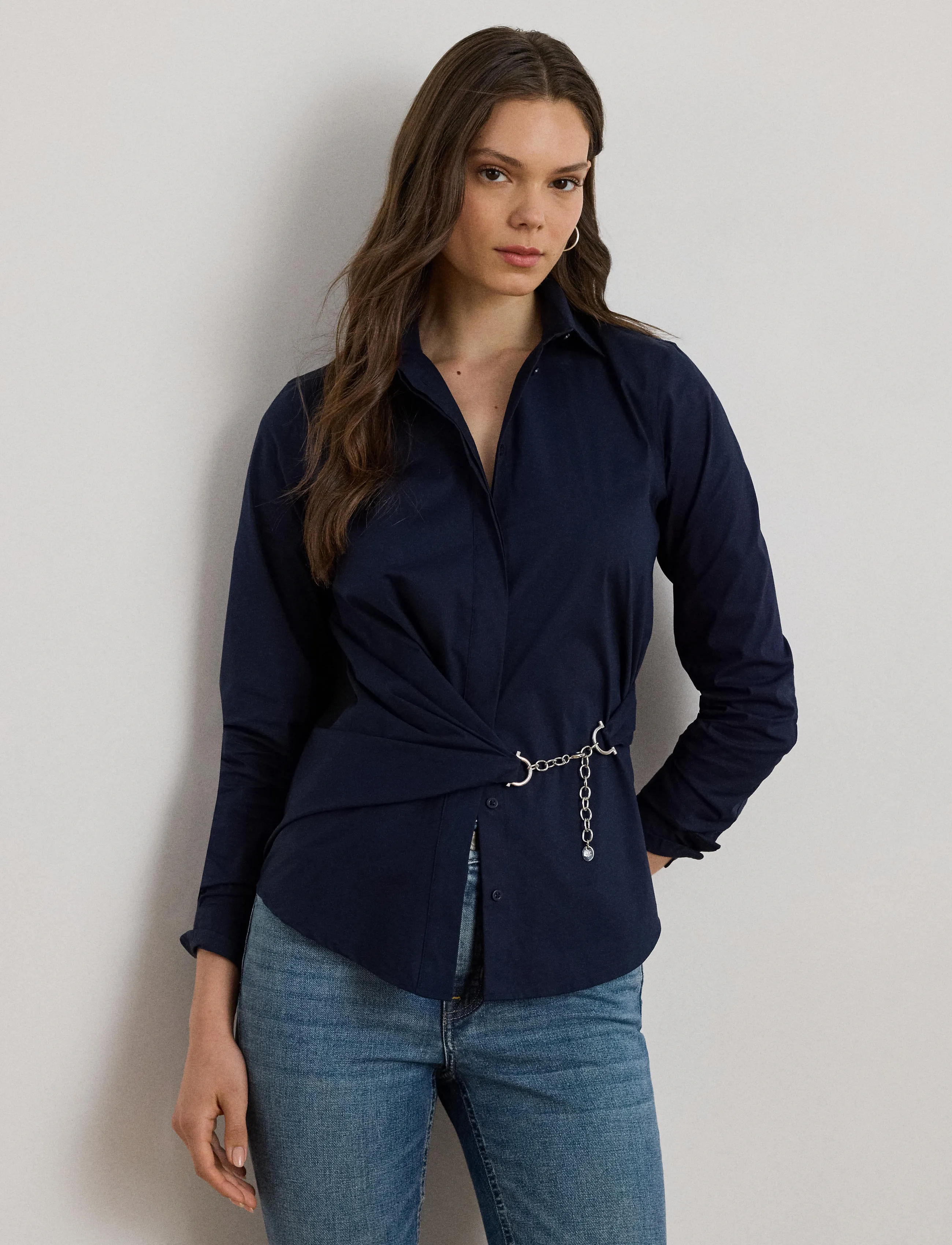 Lauren Ralph Lauren - Chain-Trim Stretch-Cotton Blend Shirt - lauren navy - 3