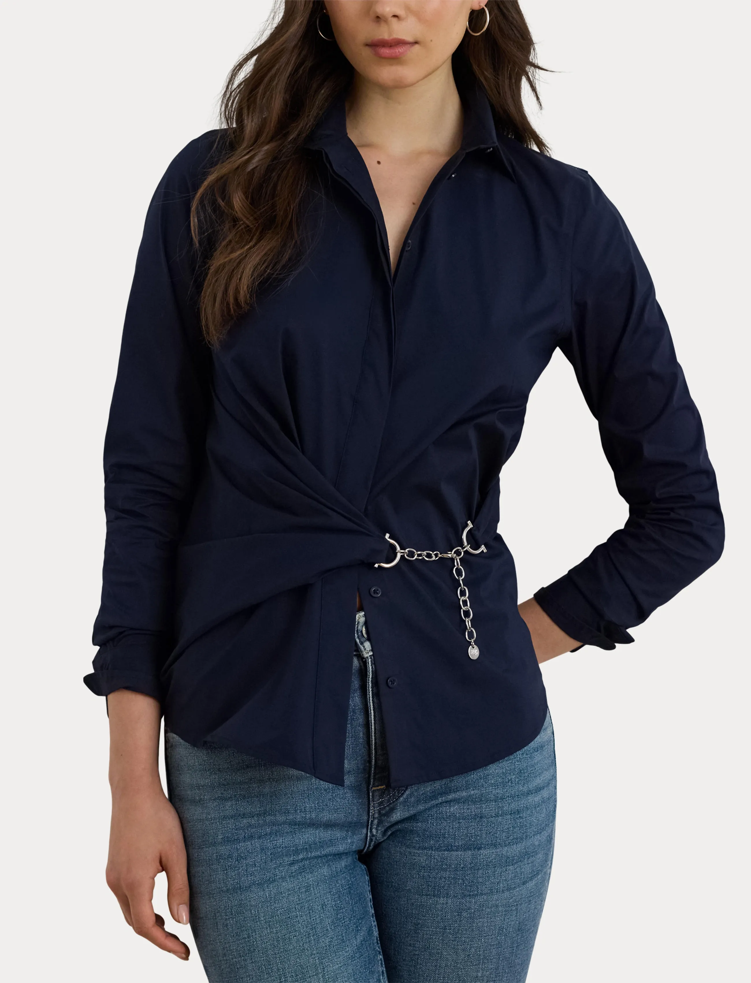 Lauren Ralph Lauren - Chain-Trim Stretch-Cotton Blend Shirt - lauren navy - 5
