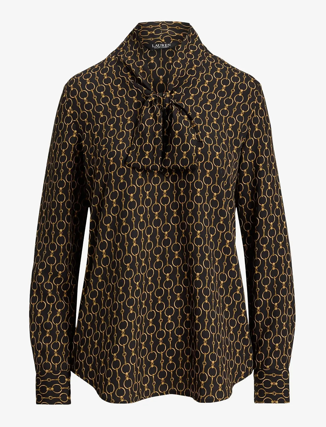 Lauren Ralph Lauren - Chain-Print Crepe Tie-Neck Blouse - jeansskjortor - black multi - 1