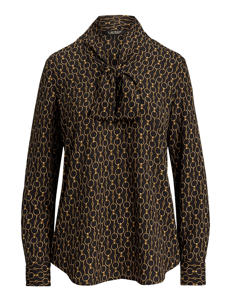 Lauren Ralph Lauren - Chain-Print Crepe Tie-Neck Blouse - pitkähihaiset kauluspaidat - black multi - 1