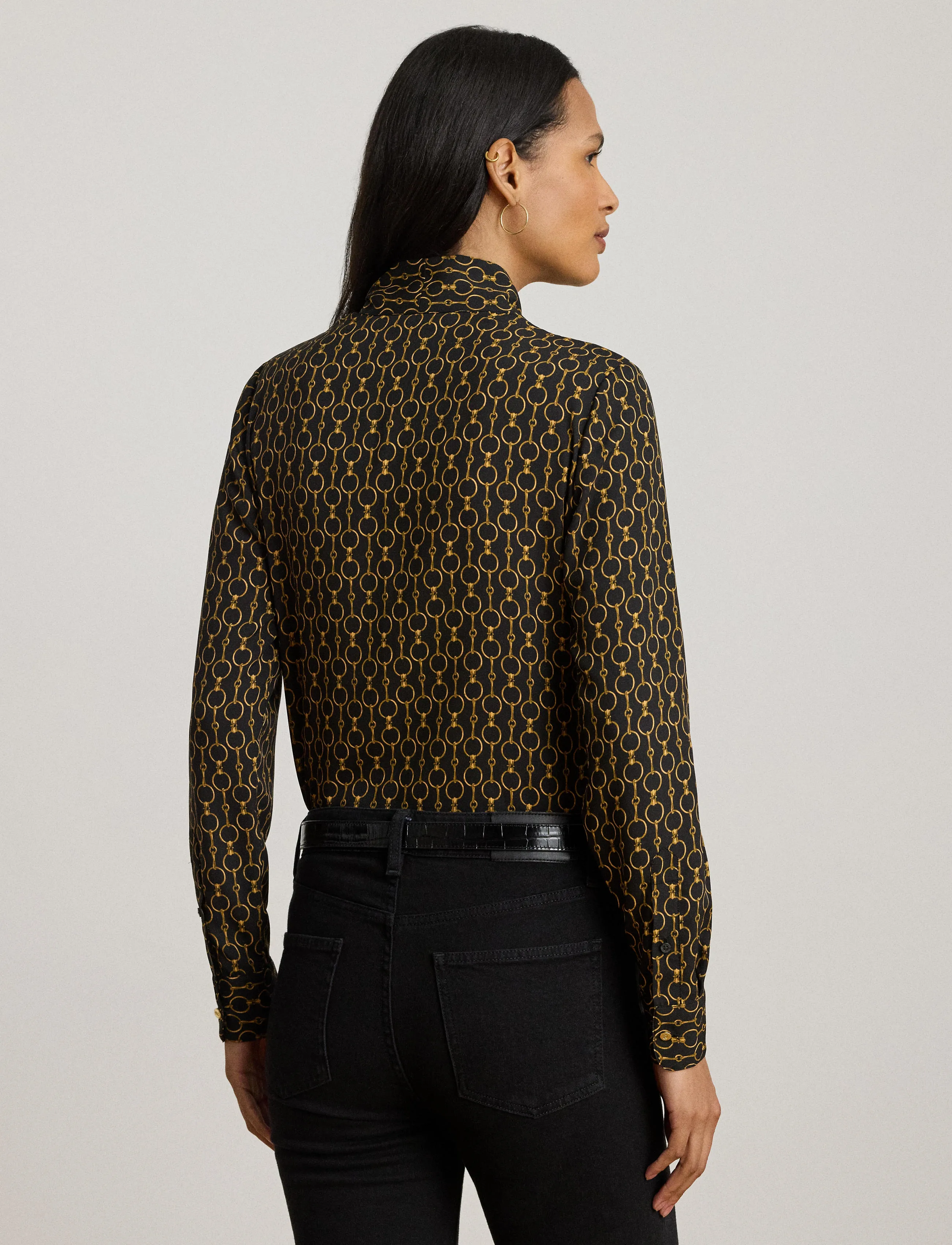 Lauren Ralph Lauren - Chain-Print Crepe Tie-Neck Blouse - langærmede skjorter - black multi - 2