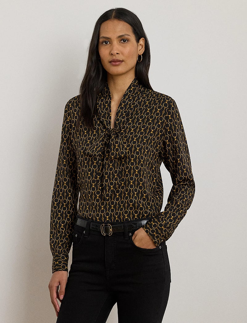 Lauren Ralph Lauren - Chain-Print Crepe Tie-Neck Blouse - langärmlige hemden - black multi - 3