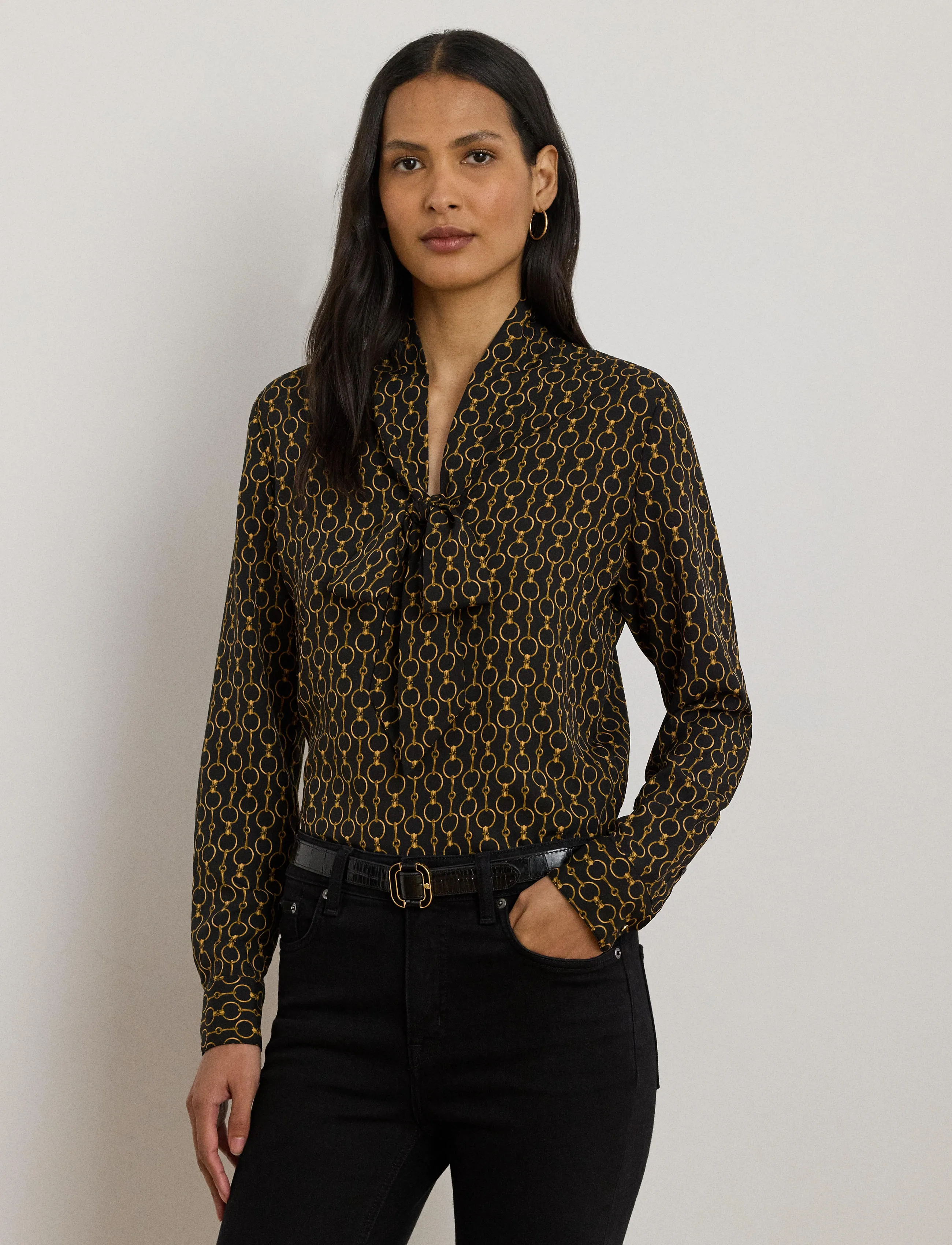 Lauren Ralph Lauren - Chain-Print Crepe Tie-Neck Blouse - langærmede skjorter - black multi - 3