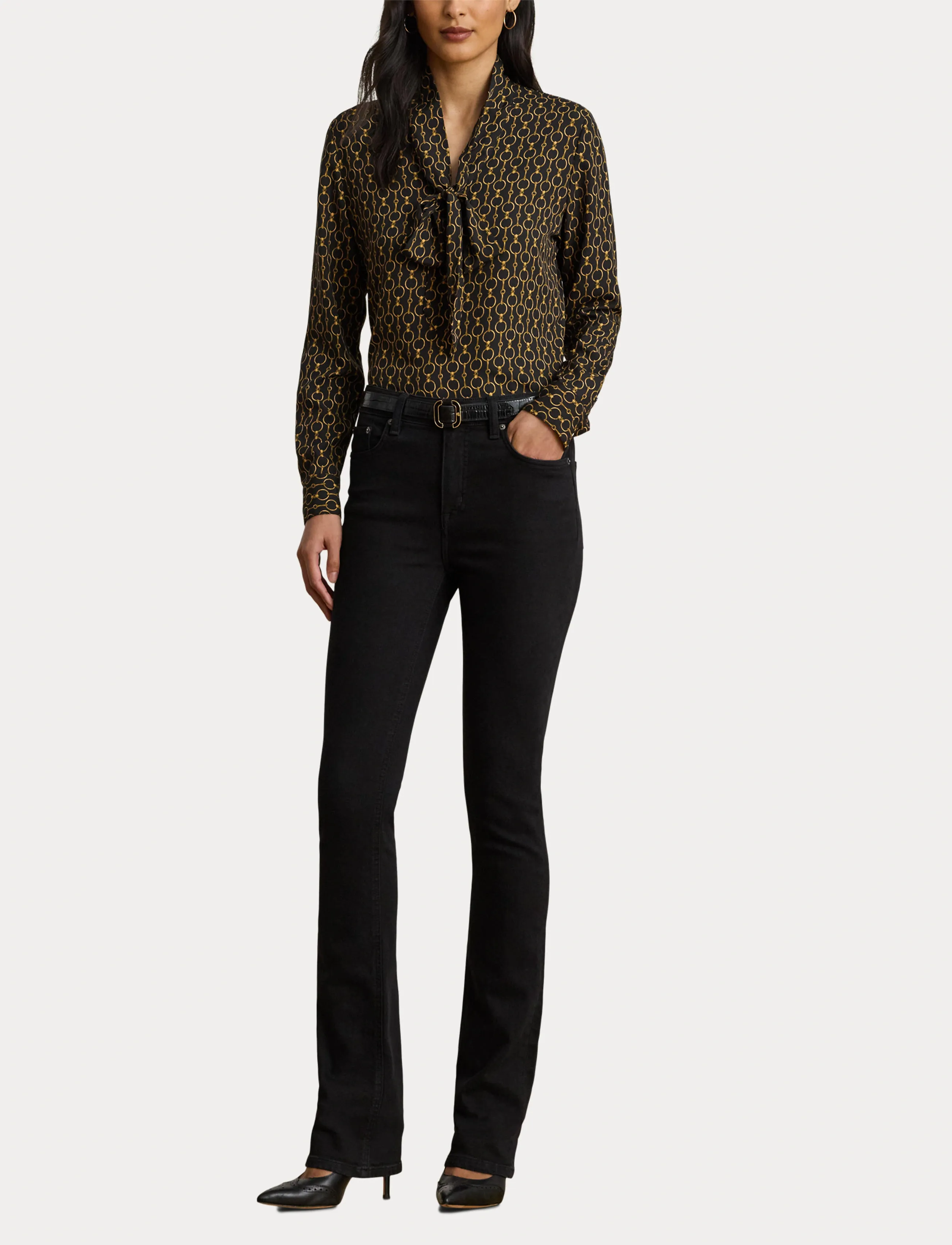 Lauren Ralph Lauren - Chain-Print Crepe Tie-Neck Blouse - langærmede skjorter - black multi - 4