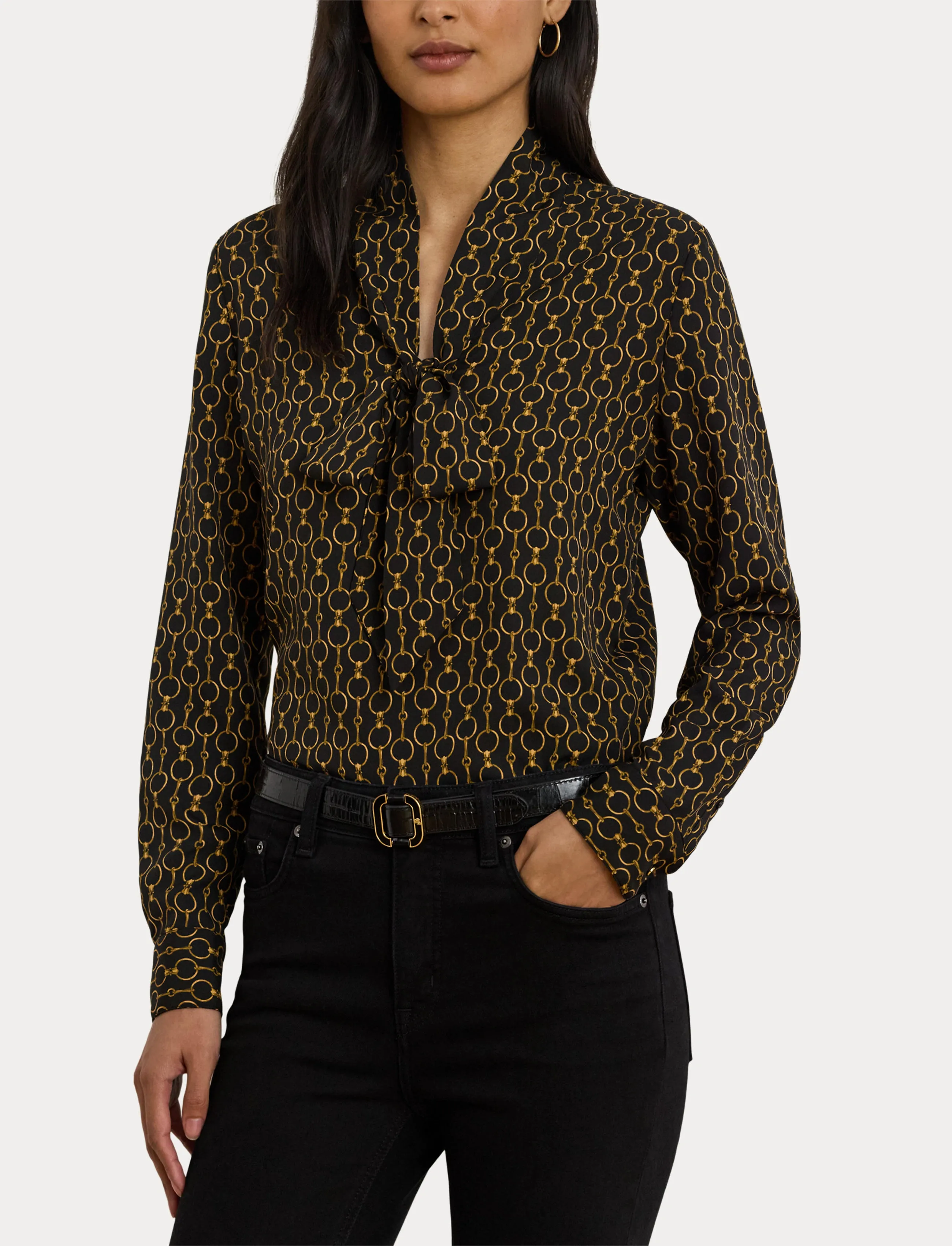 Lauren Ralph Lauren - Chain-Print Crepe Tie-Neck Blouse - pitkähihaiset kauluspaidat - black multi - 5