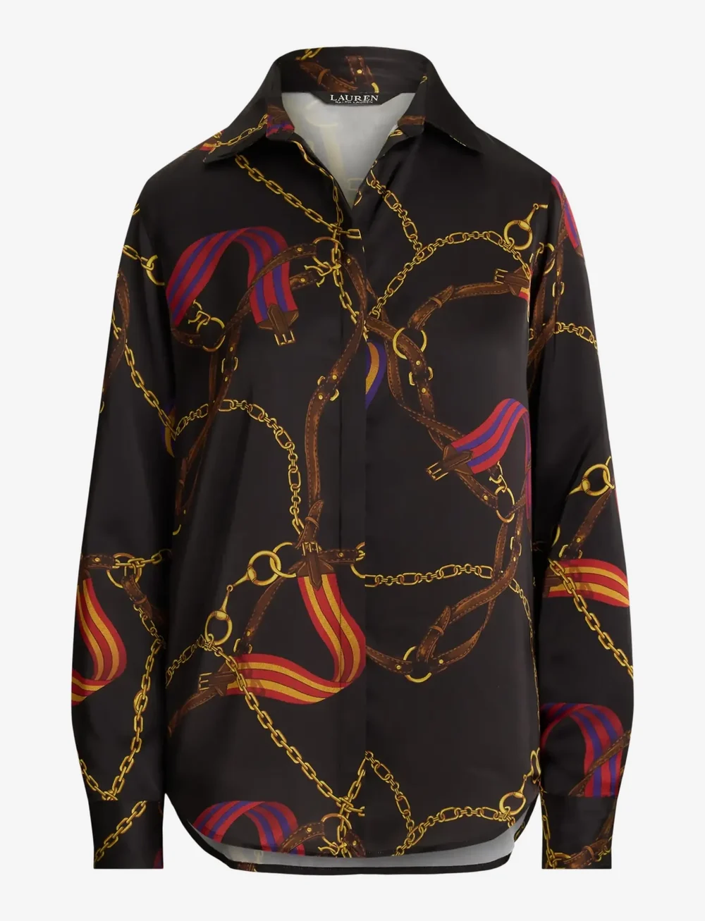 Lauren Ralph Lauren - Classic Fit Belting-Print Satin Shirt - jeansskjortor - black multi - 1