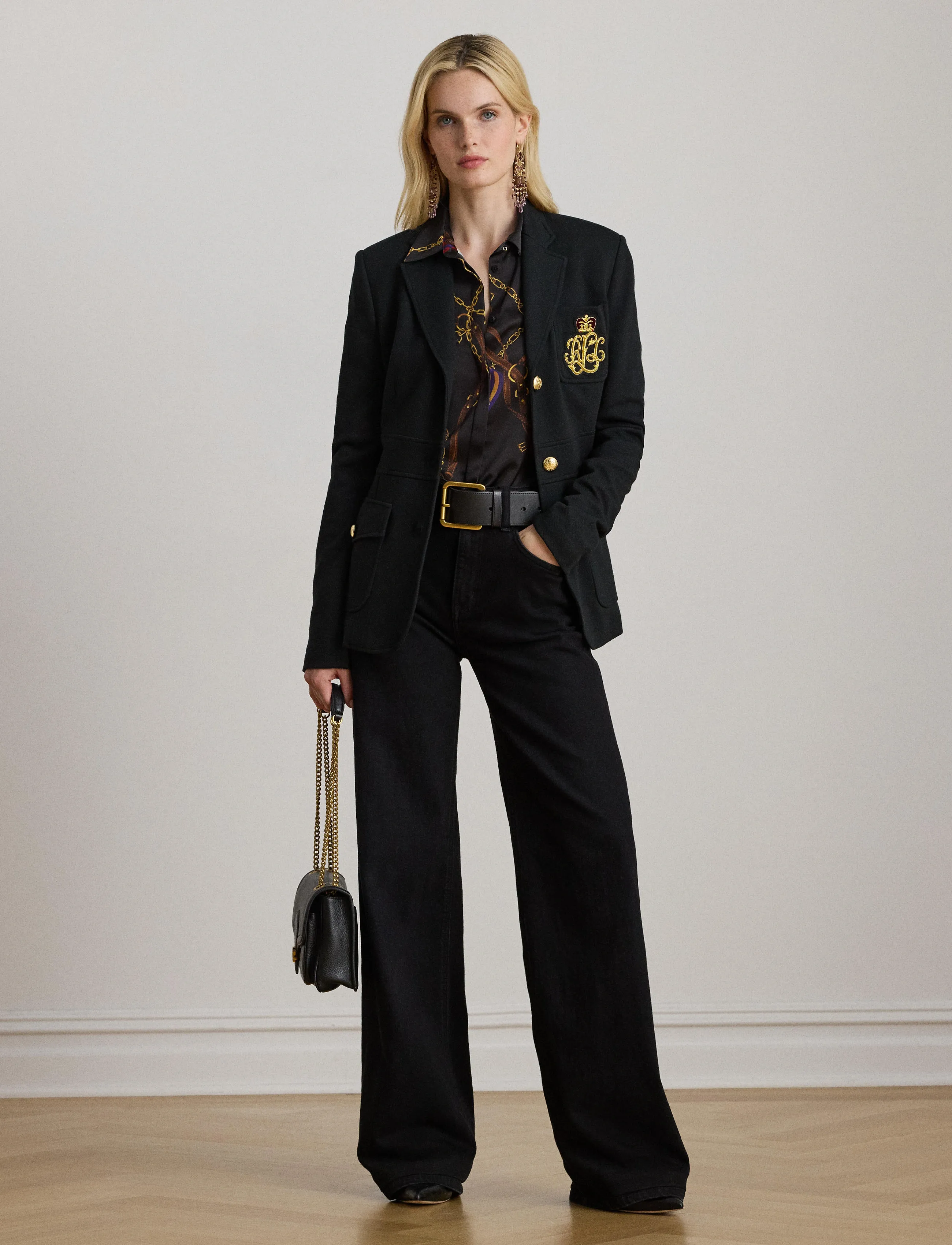 Lauren Ralph Lauren Classic Fit Belting-Print Satin Shirt, M, Black, Skjorter > Langærmede, Dame