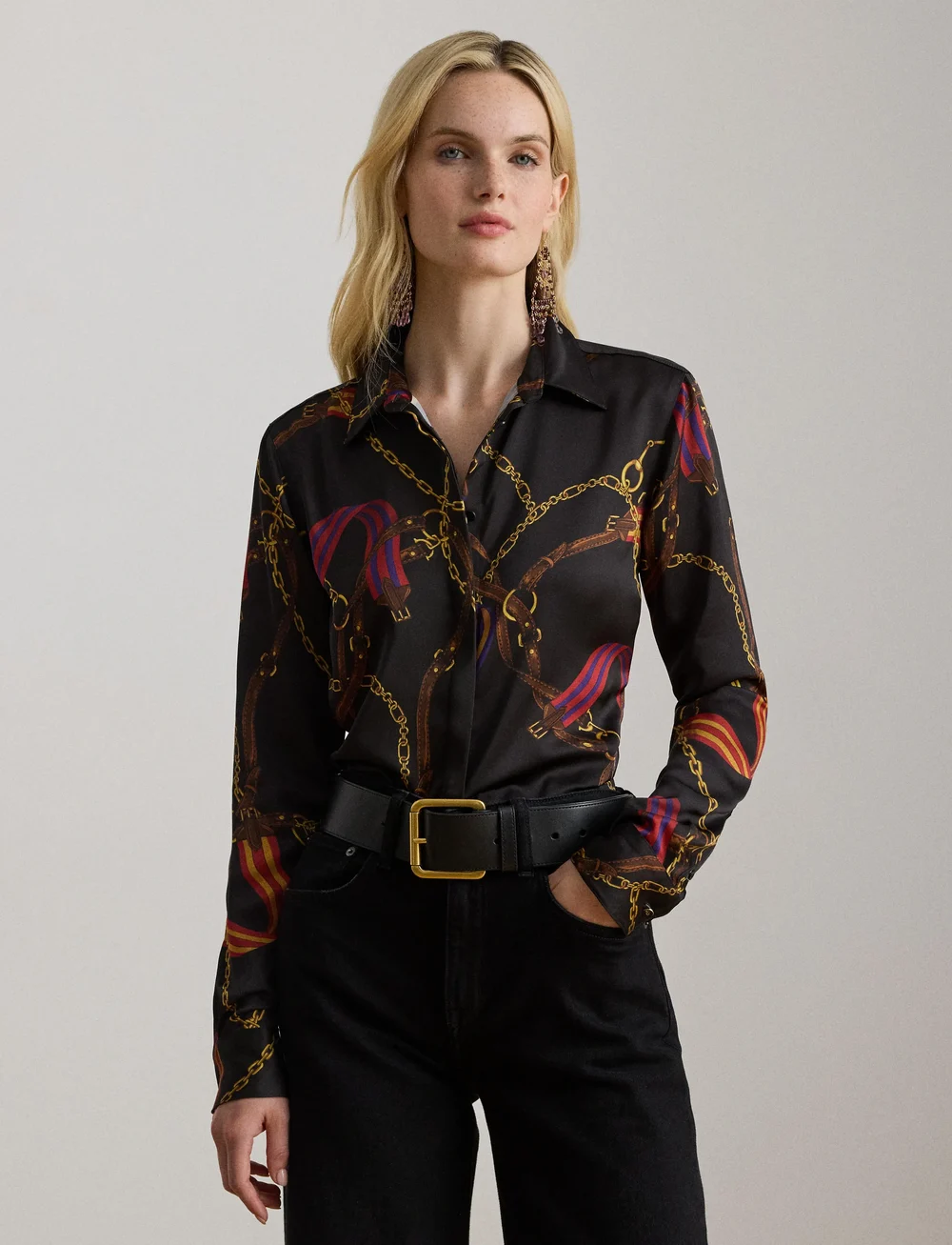 Lauren Ralph Lauren - Classic Fit Belting-Print Satin Shirt - jeansskjortor - black multi - 3