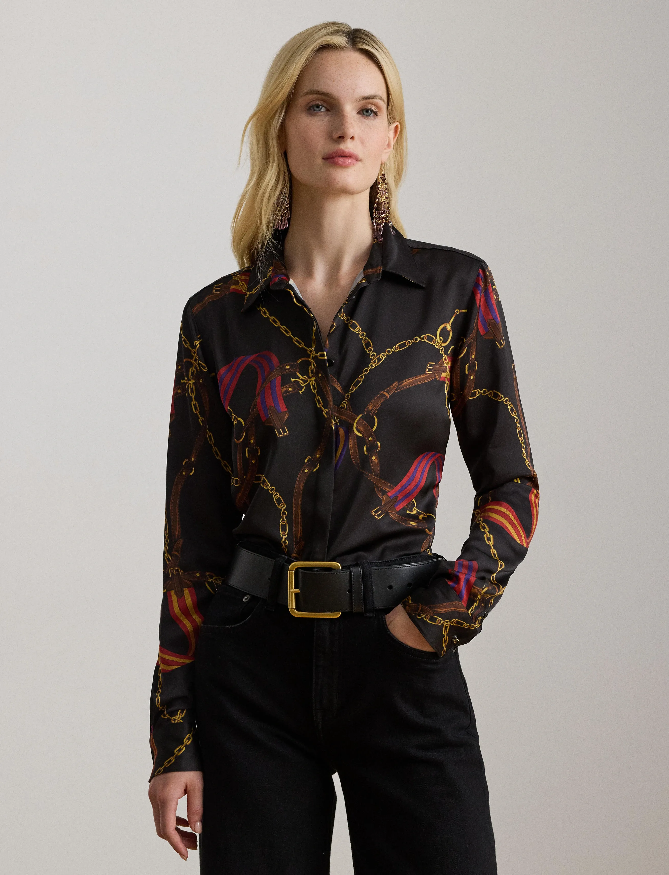 Lauren Ralph Lauren - Classic Fit Belting-Print Satin Shirt - koszule z długimi rękawami - black multi - 3