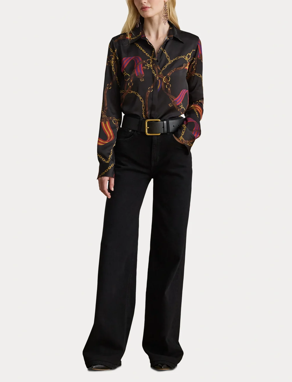 Lauren Ralph Lauren - Classic Fit Belting-Print Satin Shirt - jeansskjortor - black multi - 4