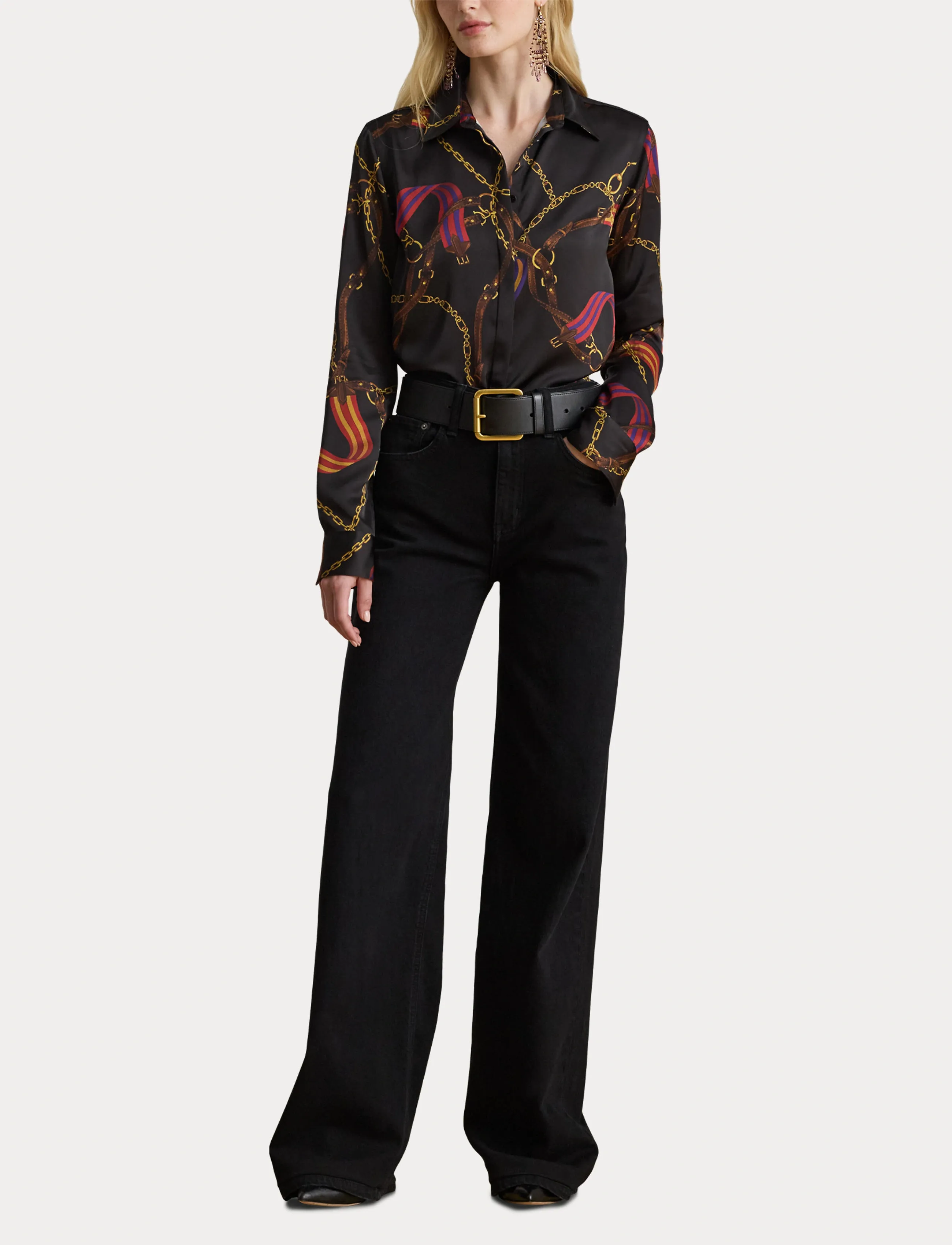 Lauren Ralph Lauren - Classic Fit Belting-Print Satin Shirt - langærmede skjorter - black multi - 4