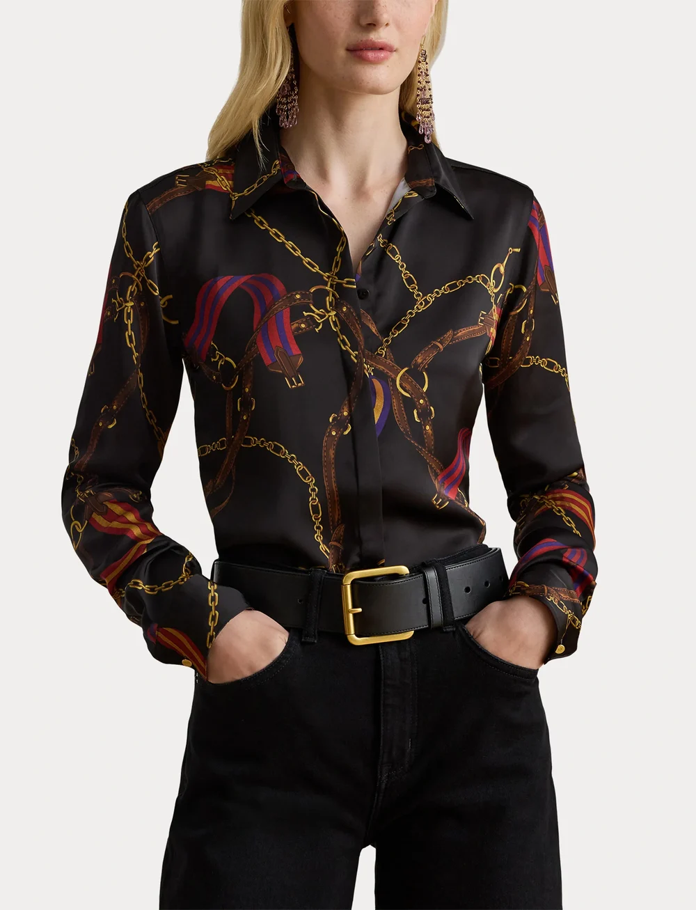 Lauren Ralph Lauren - Classic Fit Belting-Print Satin Shirt - jeansskjortor - black multi - 5