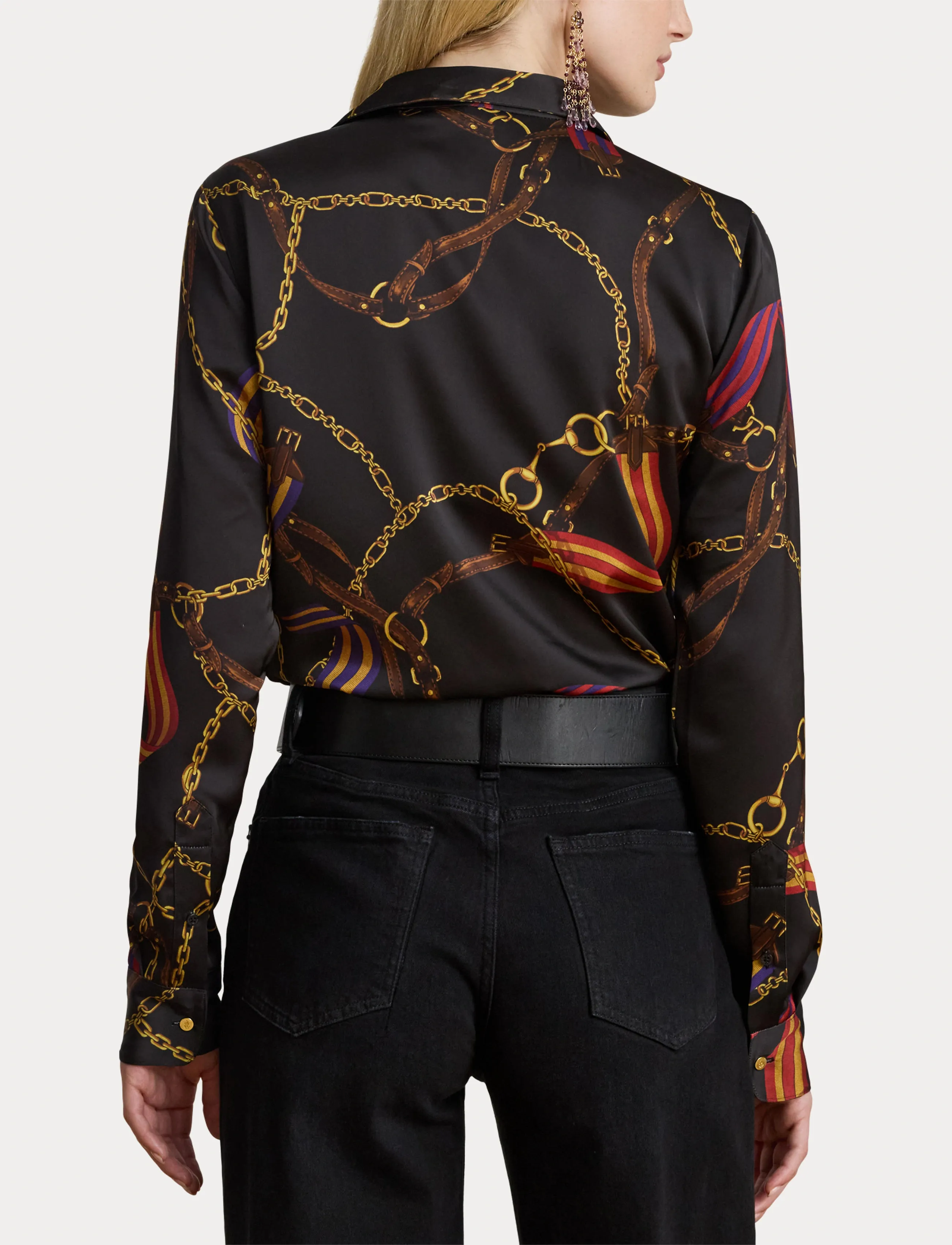 Lauren Ralph Lauren Classic Fit Belting-Print Satin Shirt - Lauren Ralph Lauren - BLACK MULTI / black