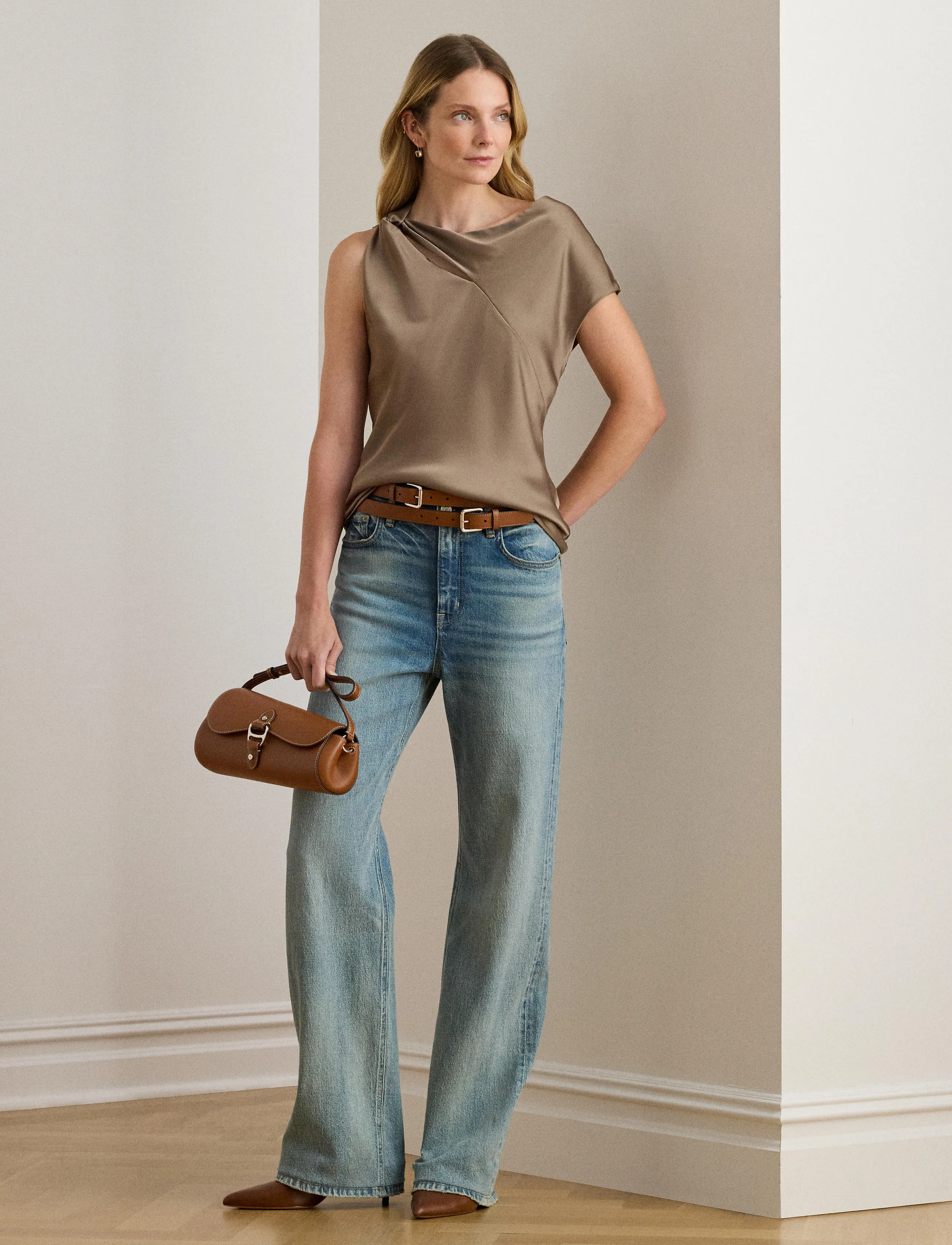 Lauren Ralph Lauren Charmeuse Asymmetrical Blouse, Kvinder, Asymmetrisk Draperet Bluse, Beige, Str: S
