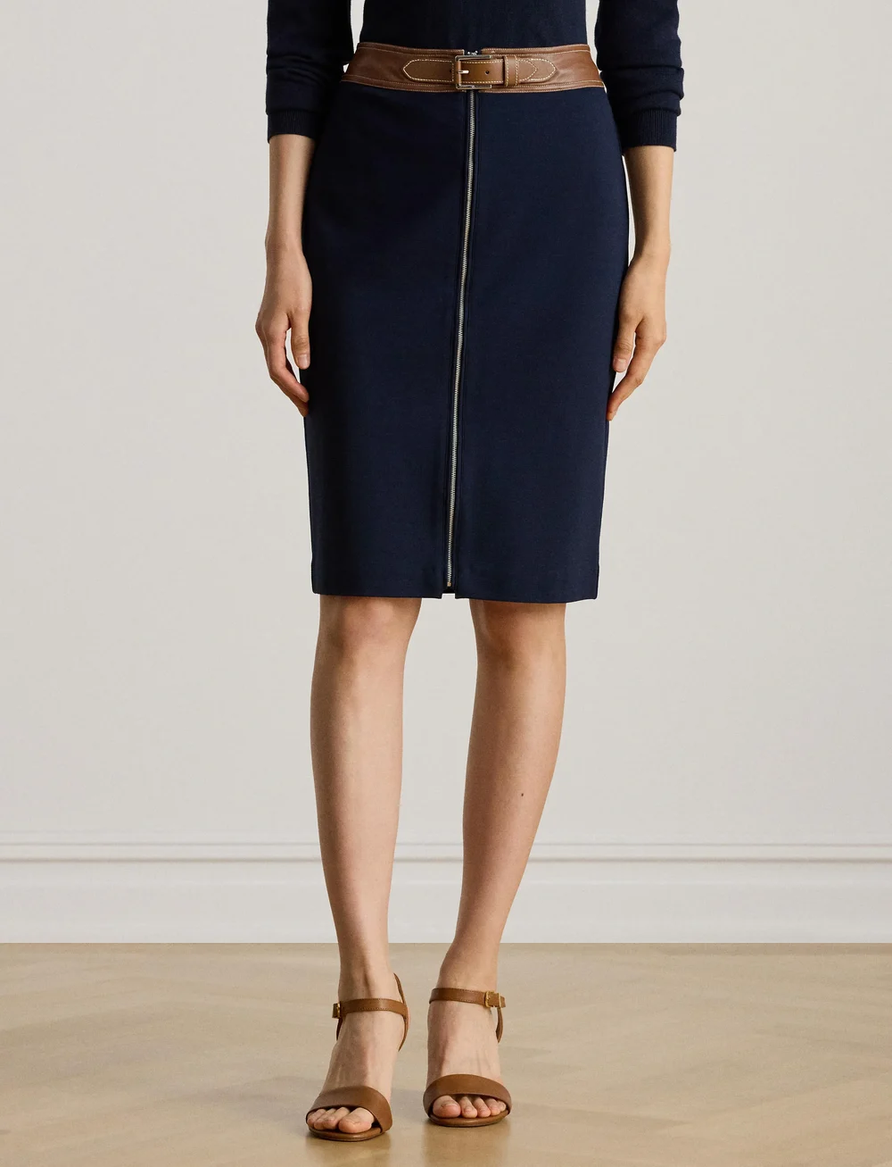 Lauren Ralph Lauren - Faux-Leather-Trim Ponte Pencil Skirt - midi kjolar - lauren navy - 0