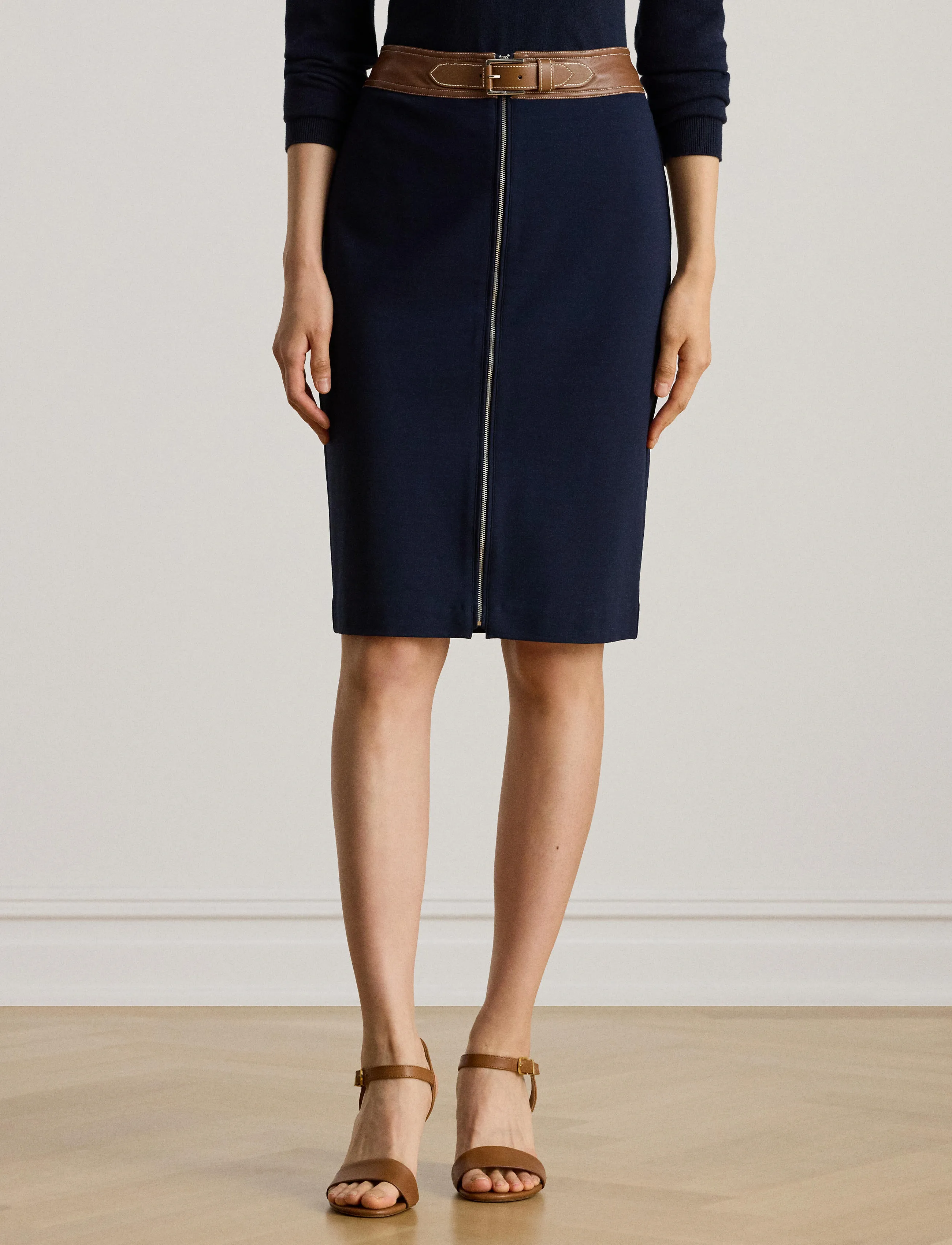Lauren Ralph Lauren - Faux-Leather-Trim Ponte Pencil Skirt - jupes midi - lauren navy - 0