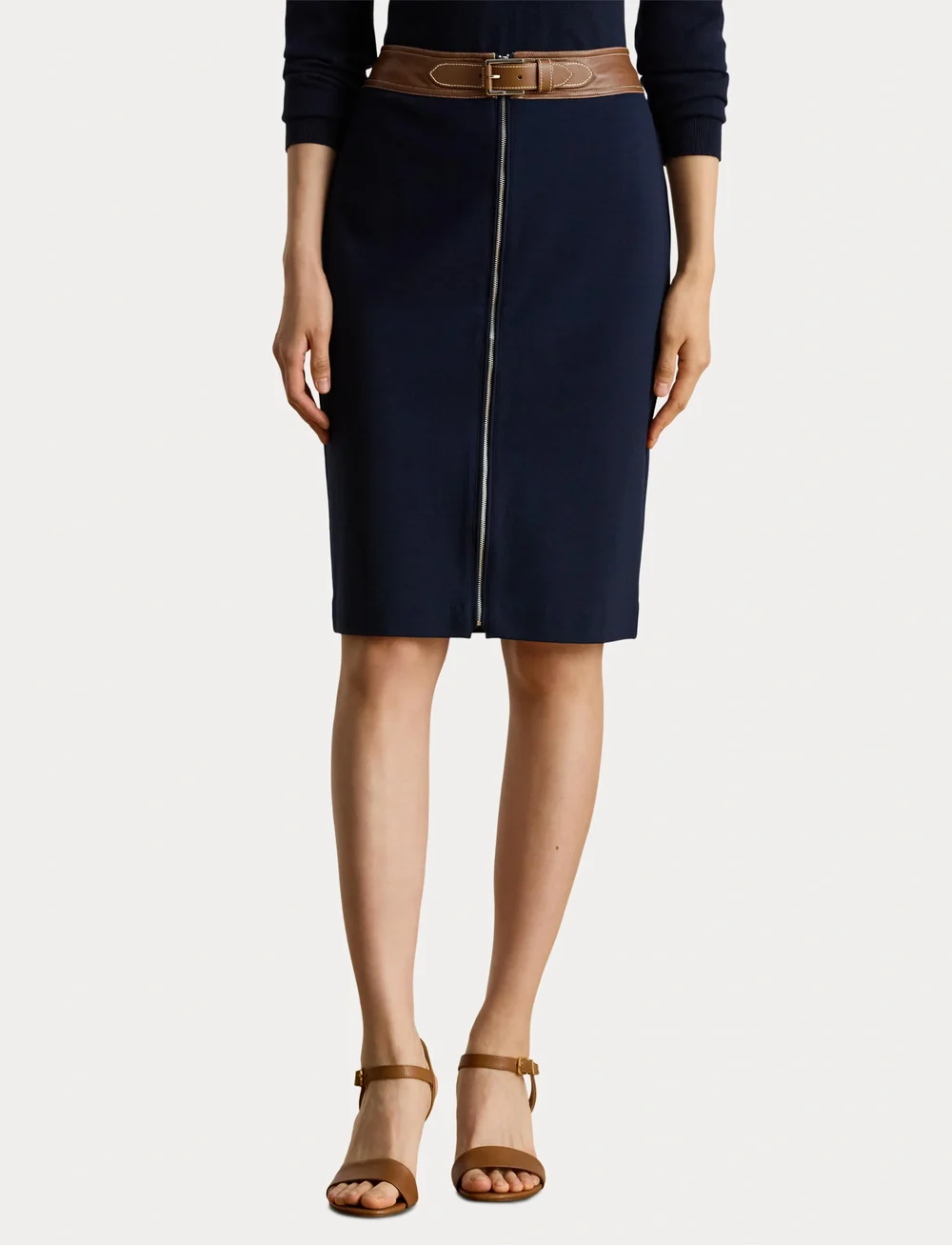 Lauren Ralph Lauren - Faux-Leather-Trim Ponte Pencil Skirt - midi kjolar - lauren navy - 5