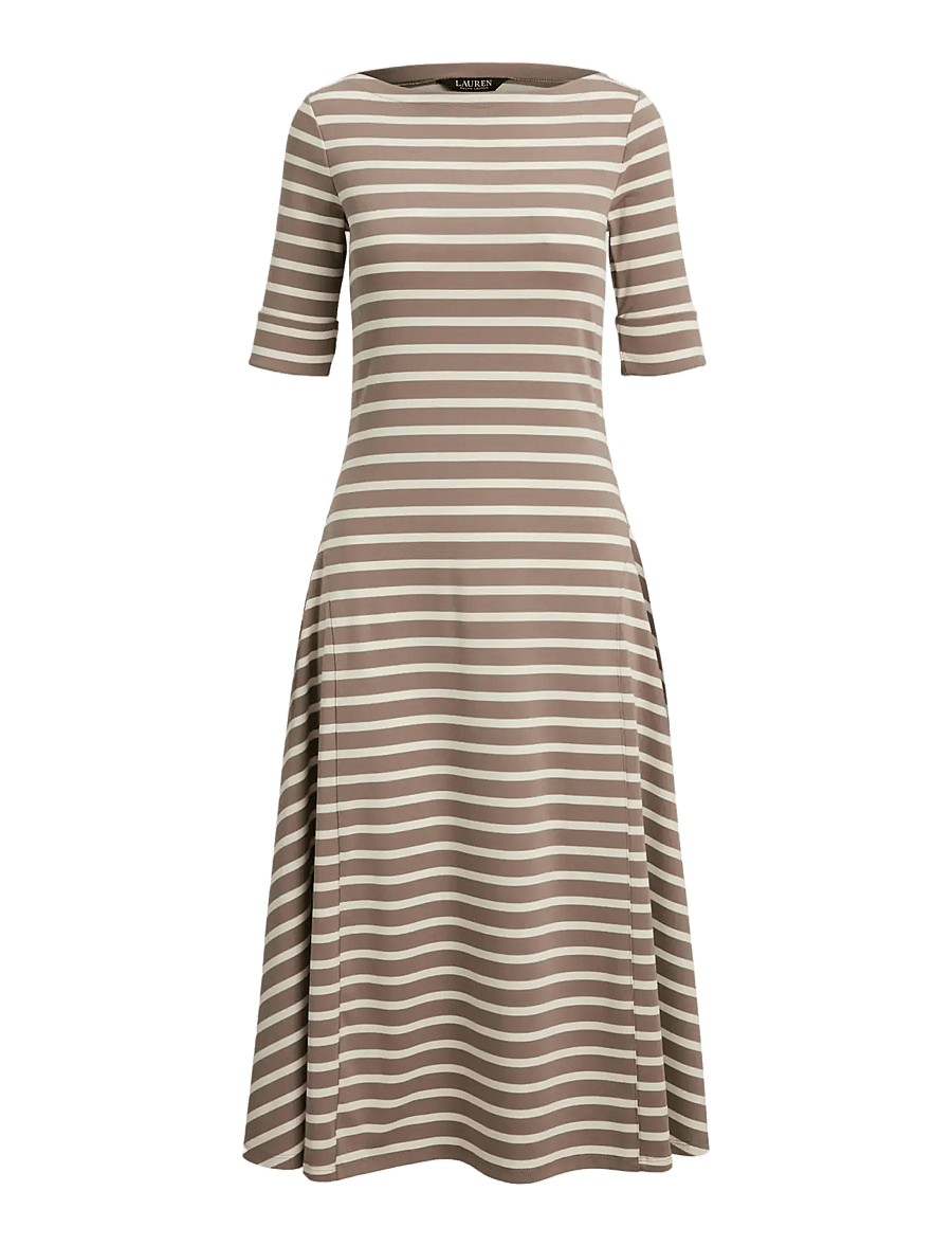 Lauren Ralph Lauren - Striped Stretch Cotton Midi Dress - t-särkkleidid - taupe brown/masca - 1