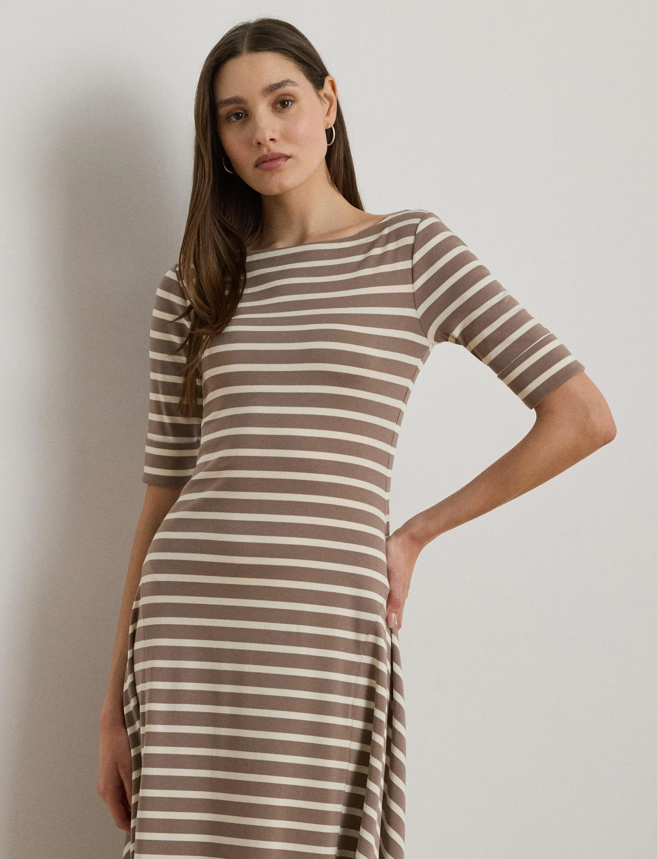 Lauren Ralph Lauren Striped Stretch Cotton Midi Dress - Midikleider - TAUPE BROWN/MASCA / beige