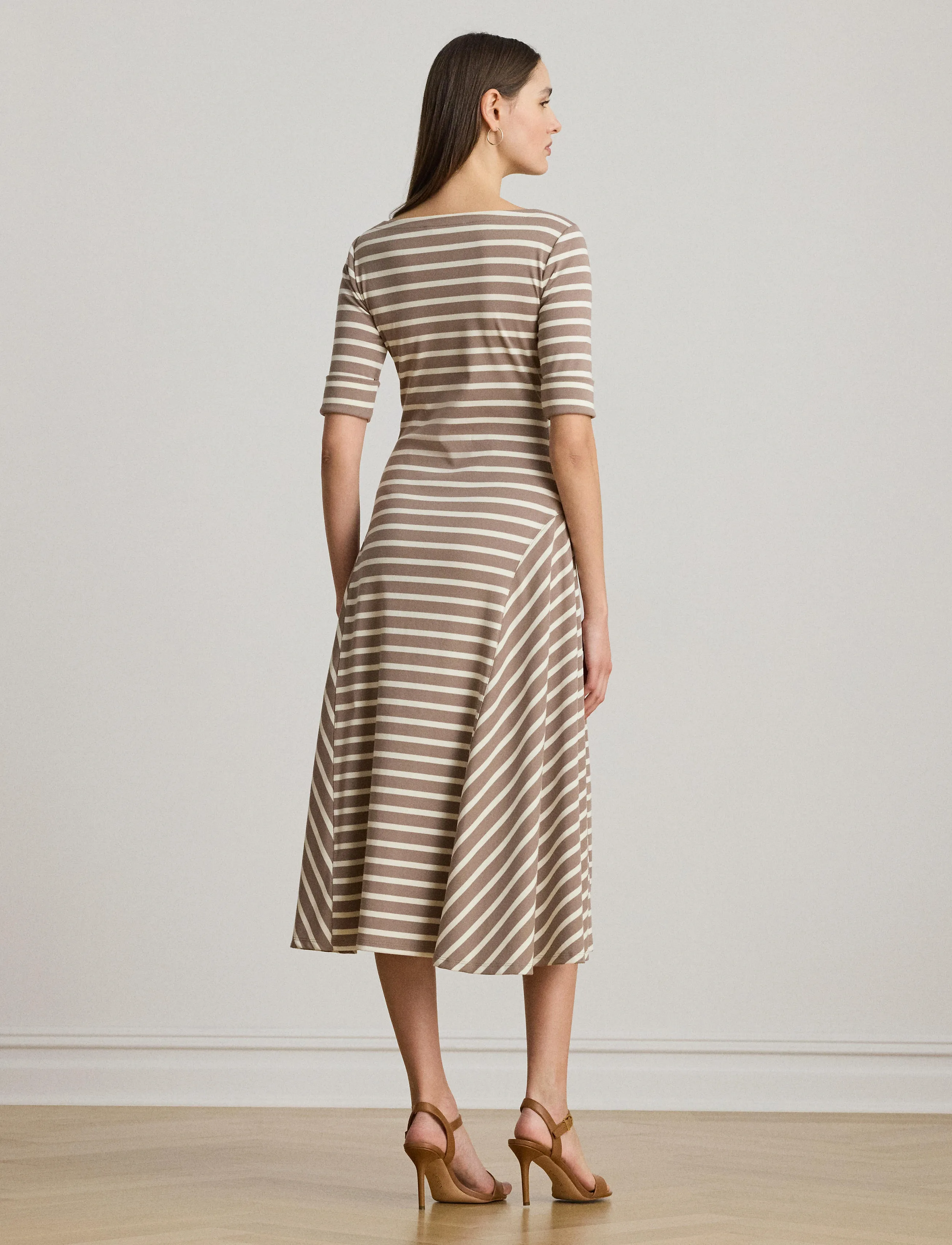Lauren Ralph Lauren - Striped Stretch Cotton Midi Dress - robes t-shirt - taupe brown/masca - 2
