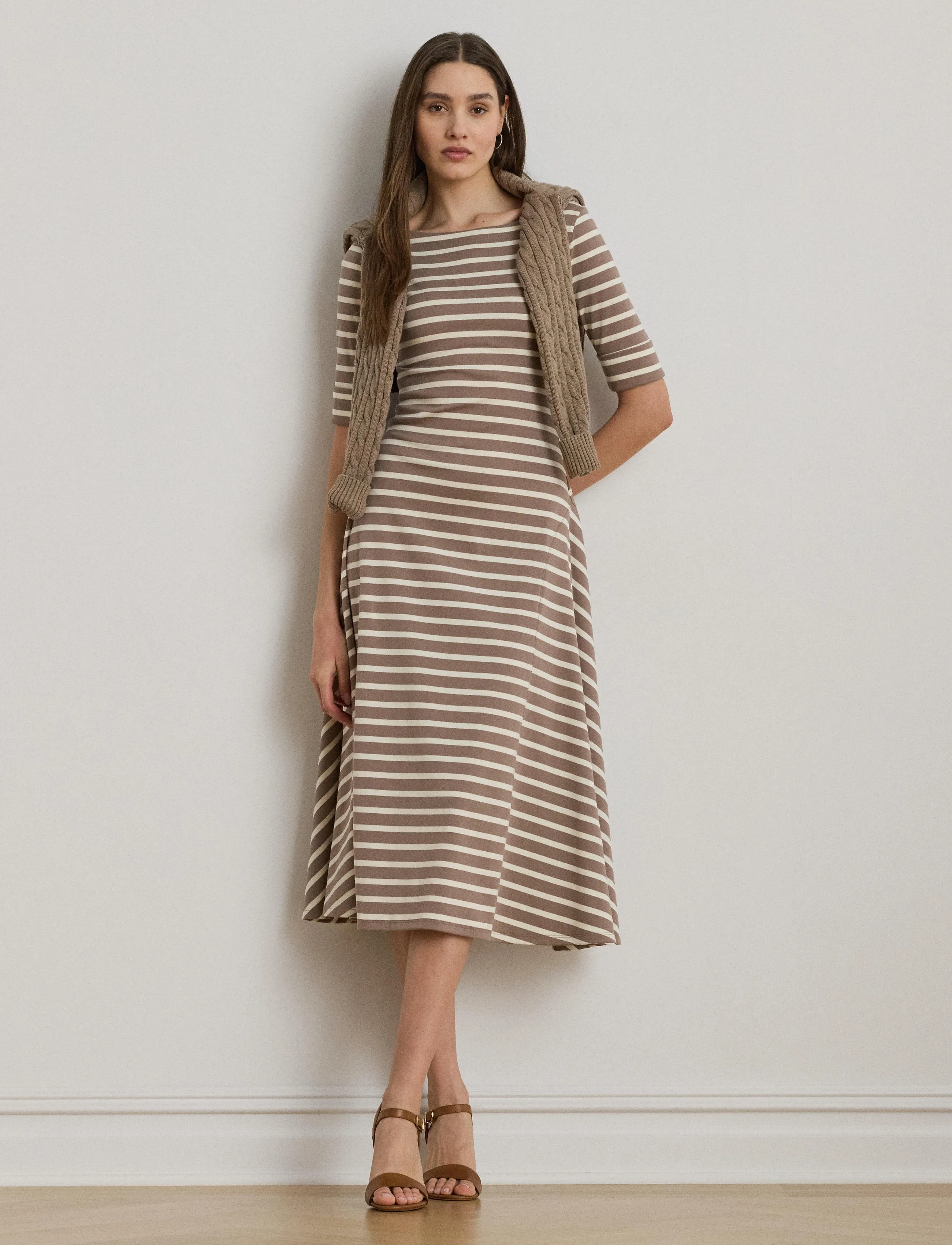 Lauren Ralph Lauren - Striped Stretch Cotton Midi Dress - robes t-shirt - taupe brown/masca - 3
