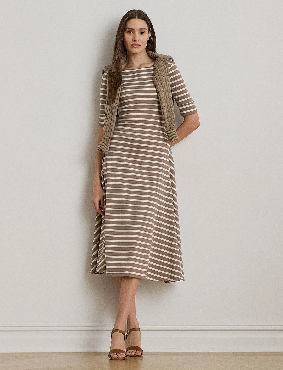 Lauren Ralph Lauren - Striped Stretch Cotton Midi Dress - t-särkkleidid - taupe brown/masca - 3