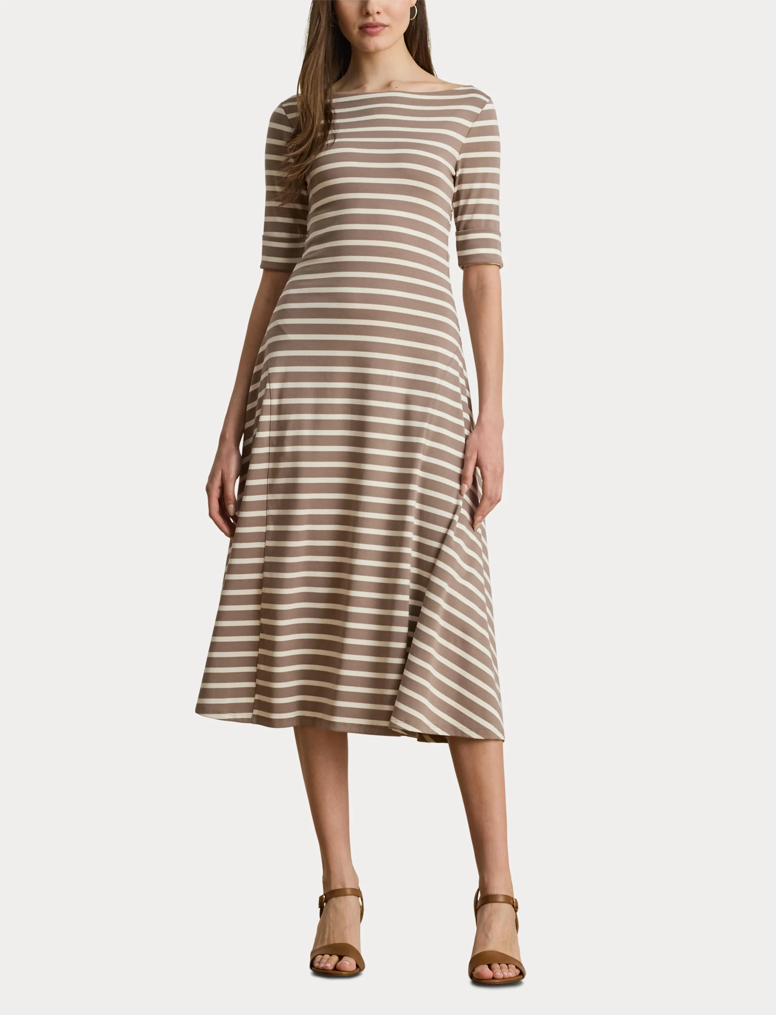 Lauren Ralph Lauren - Striped Stretch Cotton Midi Dress - robes t-shirt - taupe brown/masca - 4
