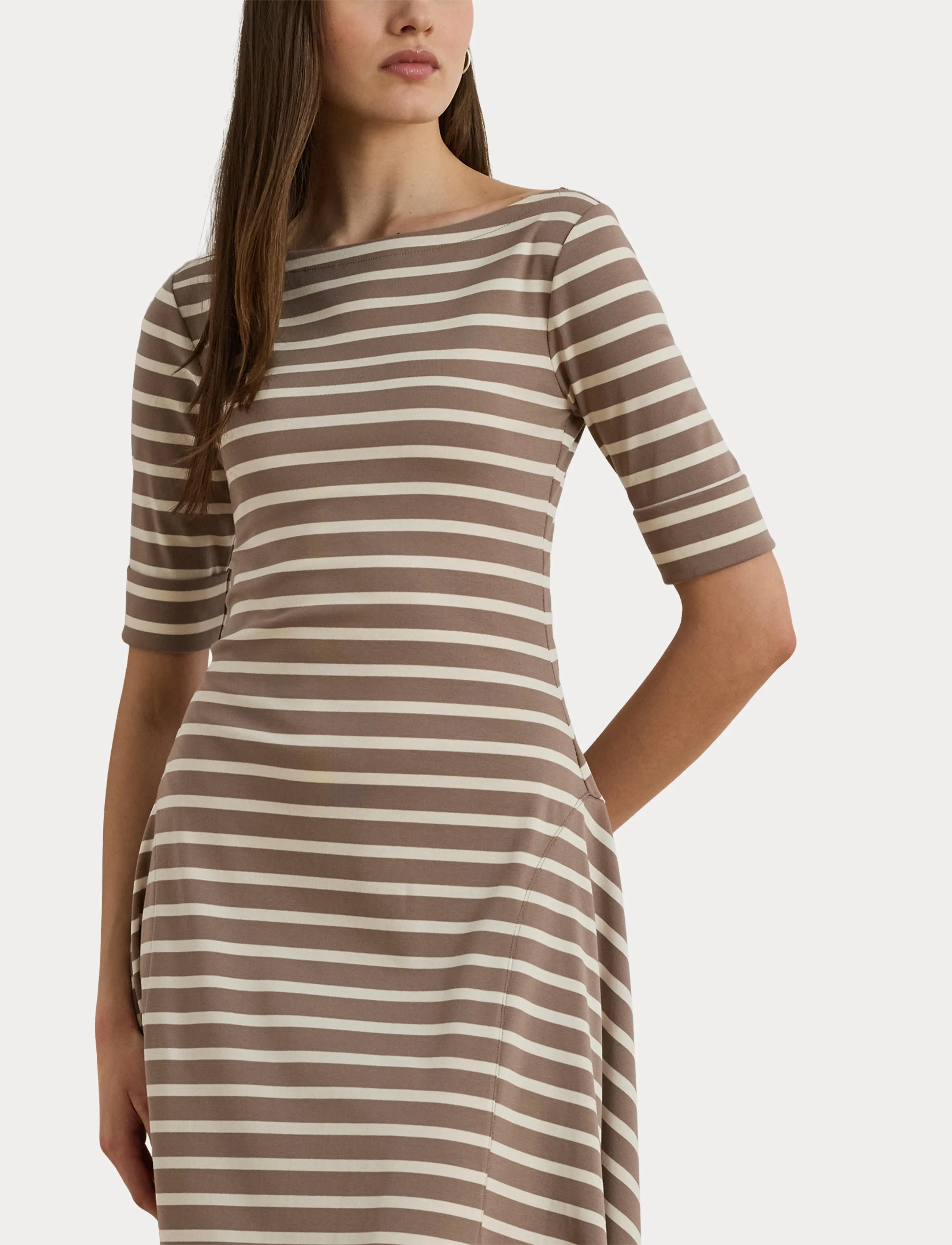 Lauren Ralph Lauren - Striped Stretch Cotton Midi Dress - robes t-shirt - taupe brown/masca - 5