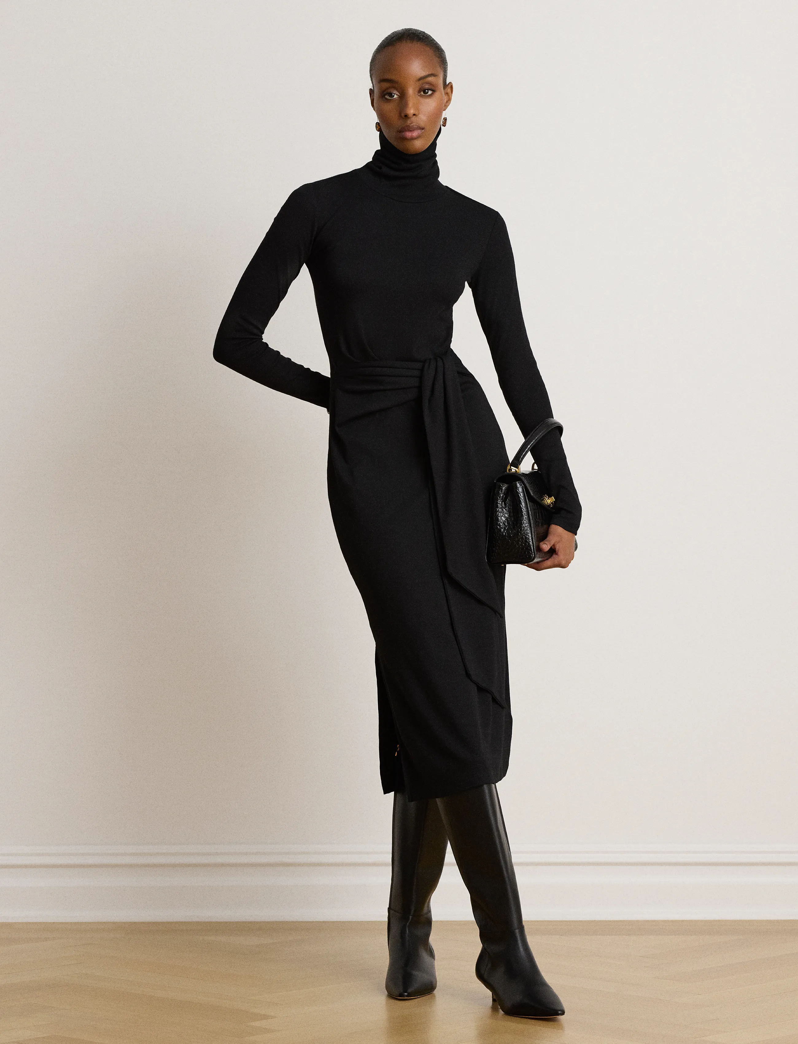 Lauren Ralph Lauren Tie-Front Cotton-Blend Turtleneck Dress - Lauren Ralph Lauren - BLACK / black