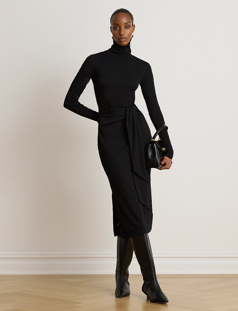 Lauren Ralph Lauren - Tie-Front Cotton-Blend Turtleneck Dress - stramme kjoler - black - 0