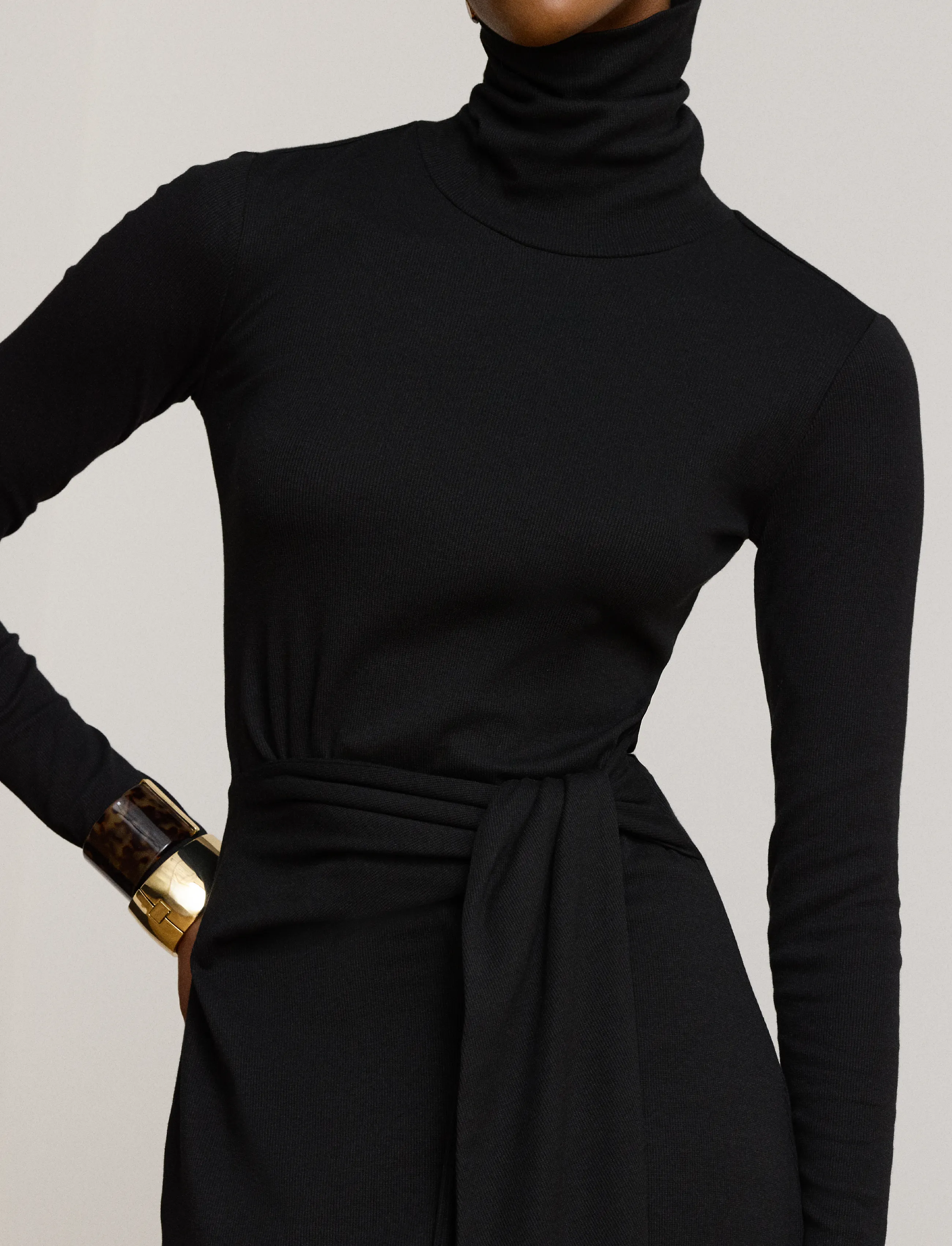 Lauren Ralph Lauren - Tie-Front Cotton-Blend Turtleneck Dress - stramme kjoler - black - 3