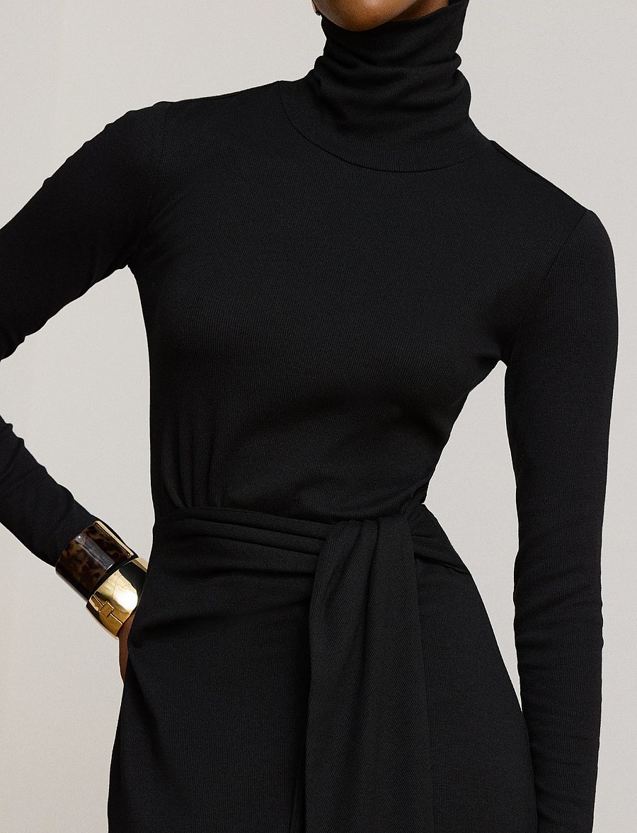 Lauren Ralph Lauren - Tie-Front Cotton-Blend Turtleneck Dress - stramme kjoler - black - 3
