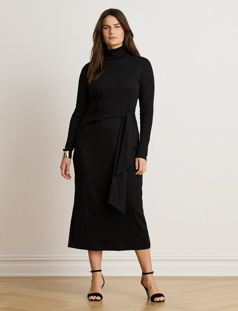 Lauren Ralph Lauren - Tie-Front Cotton-Blend Turtleneck Dress - stramme kjoler - black - 4