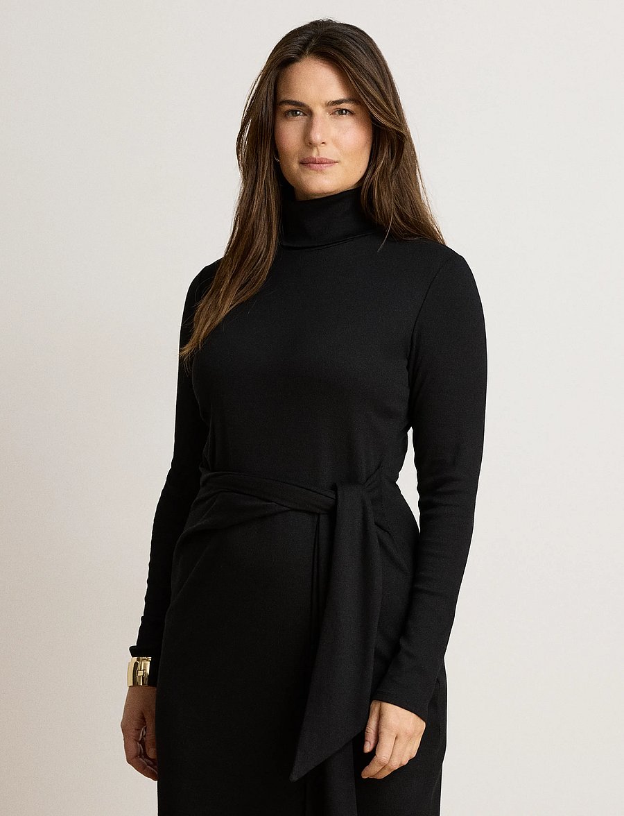 Lauren Ralph Lauren - Tie-Front Cotton-Blend Turtleneck Dress - stramme kjoler - black - 5