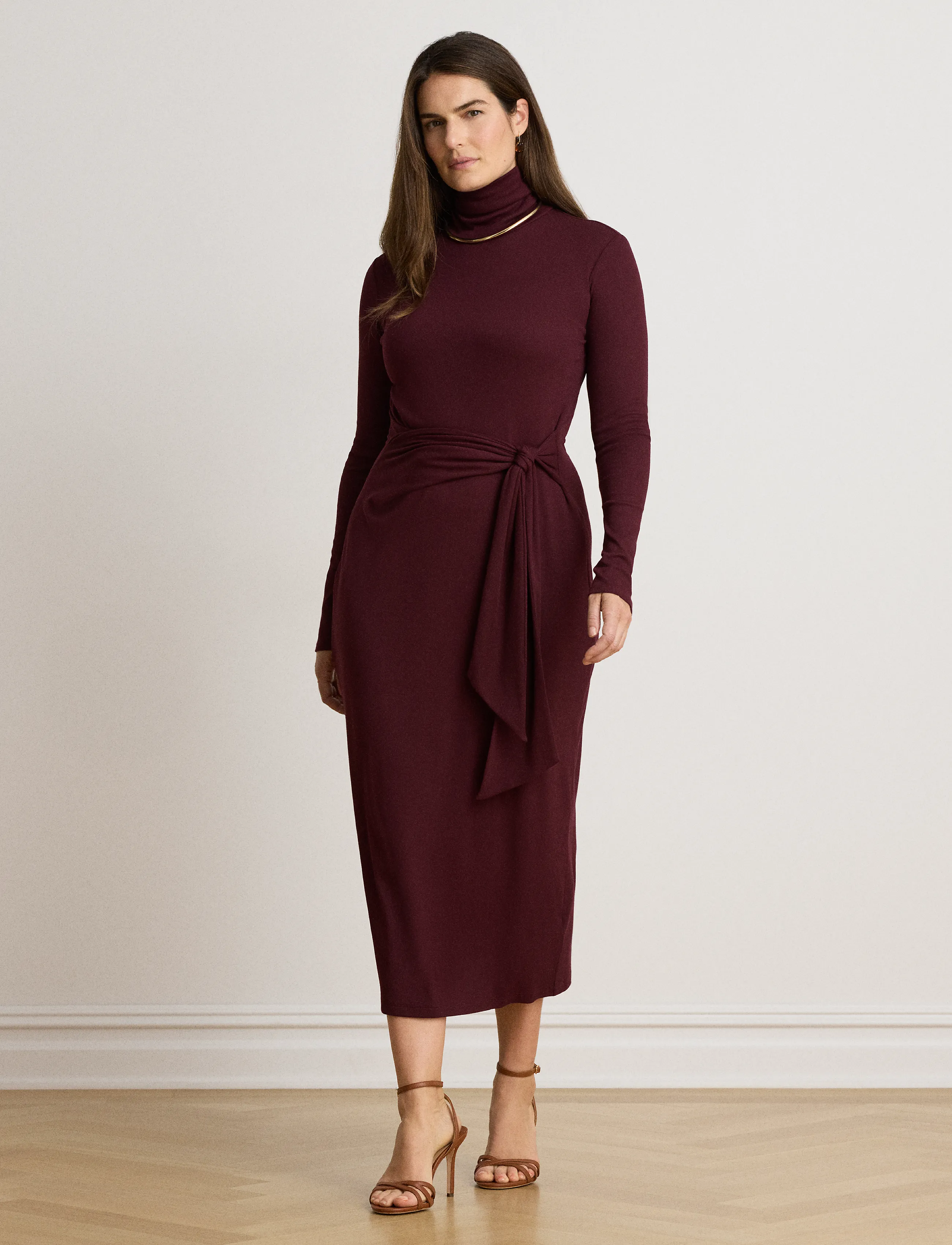 Lauren Ralph Tie-Front Cotton-Blend Turtleneck Dress, S, Designer, Rot - Knee-length & Midi, Frauen