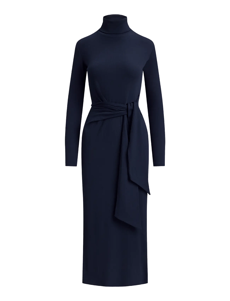 Lauren Ralph Lauren - Tie-Front Cotton-Blend Turtleneck Dress - stramme kjoler - lauren navy - 1